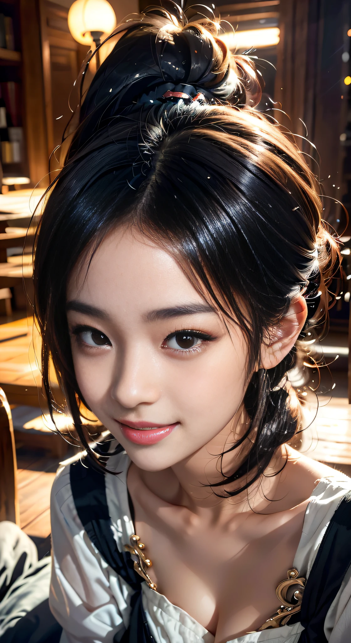 Black hair, hair bobbles, wince, longeyelashes,( Solid Circle Eyes), , ((lightsmile)), ear blush, tusk, surrealism, drop shadow, anaglyph, stereograms, , Atmospheric perspective, in 8K, Super Detail, ccurate, Best Quality, nffsw, retinas, , Anatomically correct, Textured skin, , 、cute seductive smile, Beautiful Asian16Year old girl, , friendly seductive smile, , ,