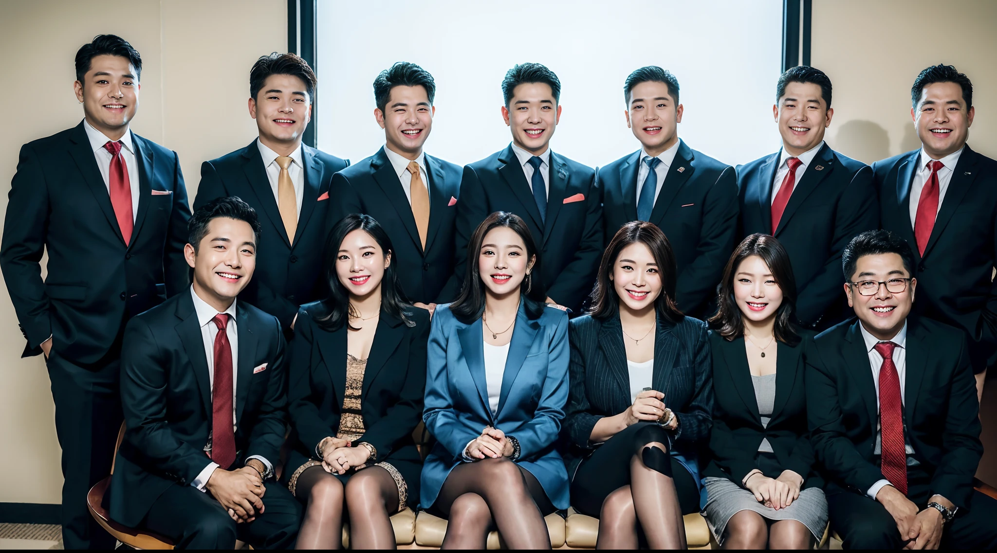 (RAW photo:1.2), (Photorealistic:1.4), A group of 5 men and 5 woman posing for a company photo, very detailed eyes and faces, A detailed eye, ultra - detailed, A high resolution, very detailed, best quality, unified, 8k, masterpiece, best quality, men are wearing office business suit, woman are wearing tight dress and pantyhose, wide smile, standing, bright lighting, day time, korean style makeup, inside the office, celebration mood, looking at the camera, laughing