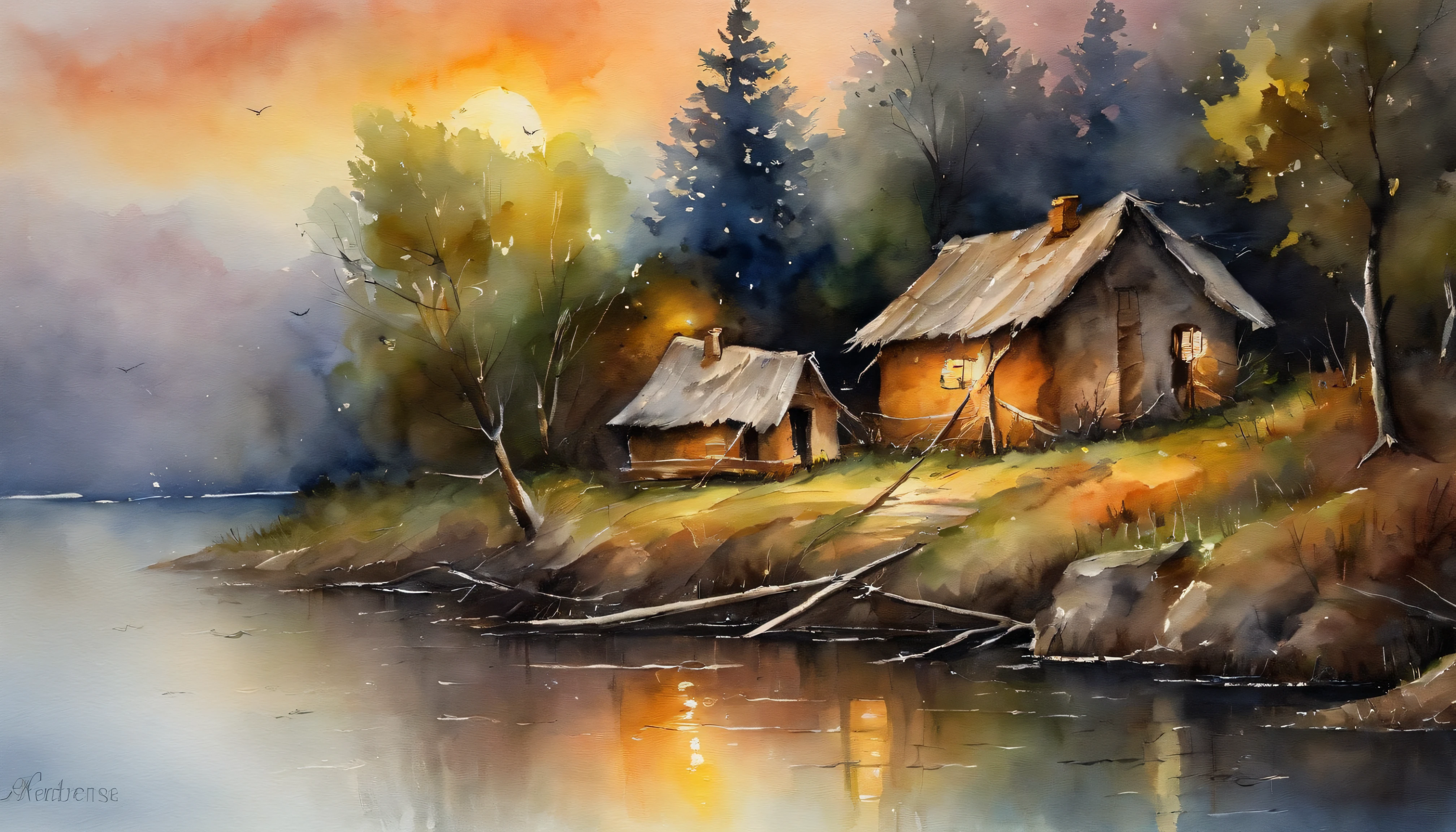 There are a old hut beside the river, In the twilight of the night, two small boats are tied together next to the river bank. A tree is bending over the bank. Full moon night scene.masterpiece art work.