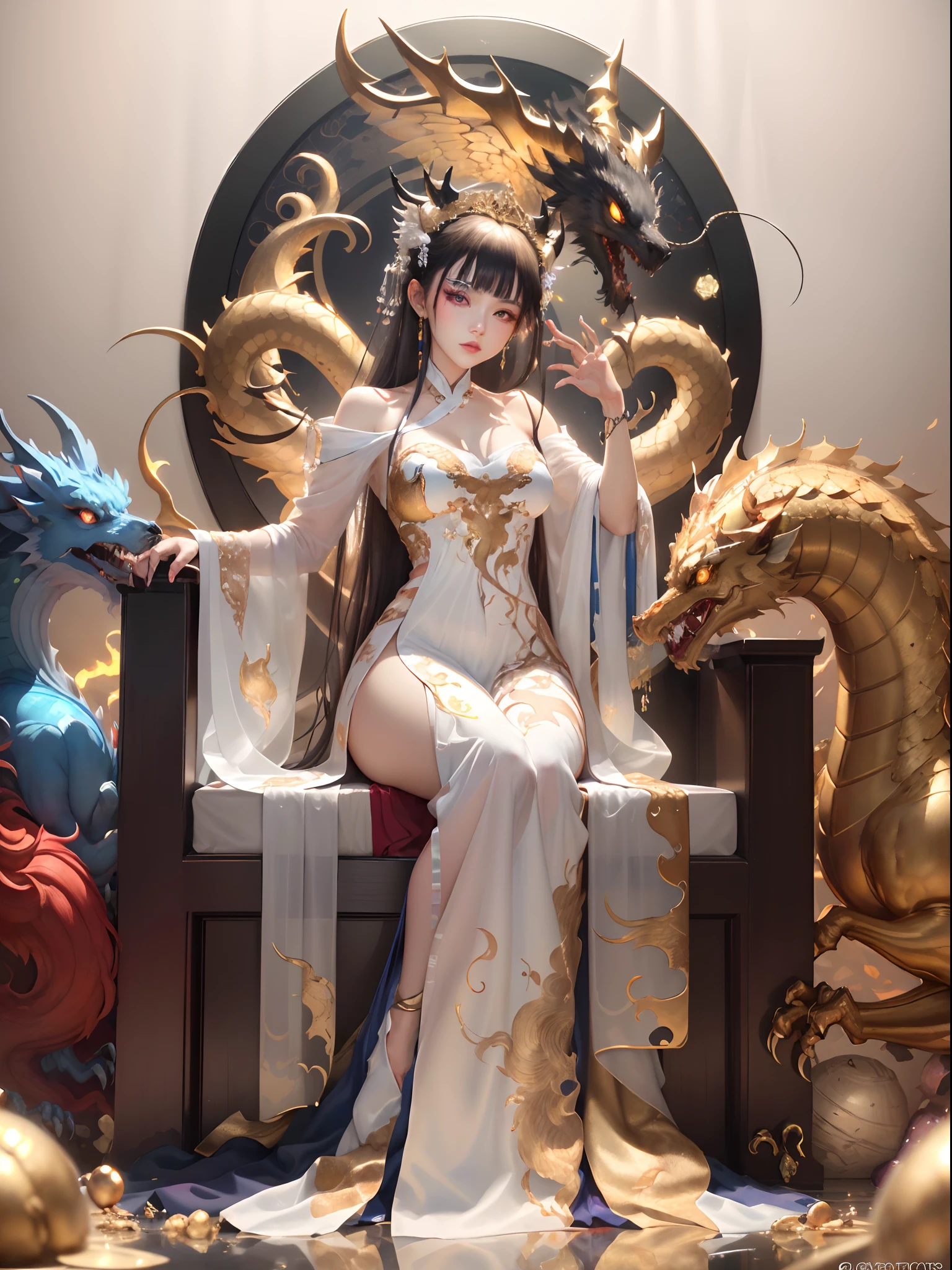 A Chinese girl sitting on a throne, a throne encrusted with precious stones, surrounded by Chinese phoenix beasts, gold and ruby color, unique monster illustration, Dau al set, high resolution, a painting, dense composition, playful repetition, precious stones, crystals, gold, detailed paintings, unique monster illustrations, super fine details, realistic, super high resolution, complex, super detail, (skin dents), cute, feminine, detailed body, (Detailed face: 1.1), (contoured iris), (watercolor lenses), (perfect eyes), 4k, gorgeous, (masterpiece: 1.2), (best quality: 1.2), gorgeous long dress, dynamic pose, rich colors, film light and shadow
