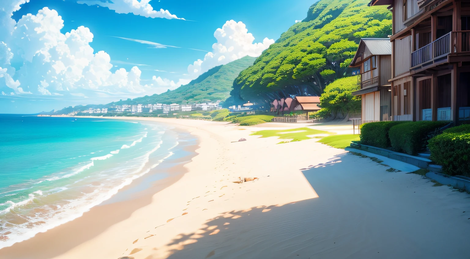 Ghibli Studios, anime, bright sunny day, wind blowing, aesthetic, anime cartoon, beautiful beach, clear sea with sunlight reflecting on water, 4k quality, HD quality, best quality, anime environment