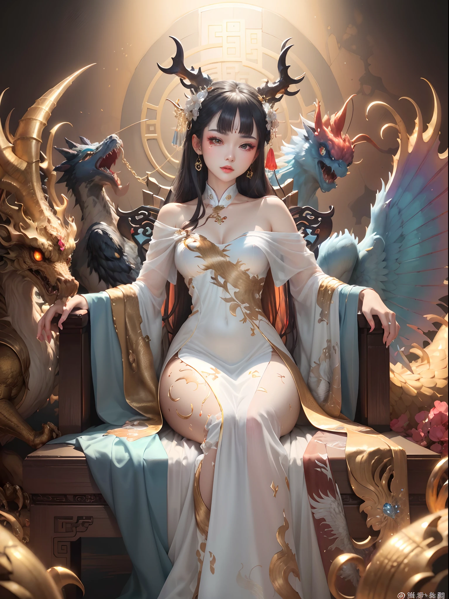 A Chinese girl sitting on a throne, a throne encrusted with precious stones, surrounded by Chinese phoenix beasts, gold and ruby color, unique monster illustration, Dau al set, high resolution, a painting, dense composition, playful repetition, precious stones, crystals, gold, detailed paintings, unique monster illustrations, super fine details, realistic, super high resolution, complex, super detail, (skin dents), cute, feminine, detailed body, (Detailed face: 1.1), (contoured iris), (watercolor lenses), (perfect eyes), 4k, gorgeous, (masterpiece: 1.2), (best quality: 1.2), gorgeous long dress, dynamic pose, rich colors, film light and shadow