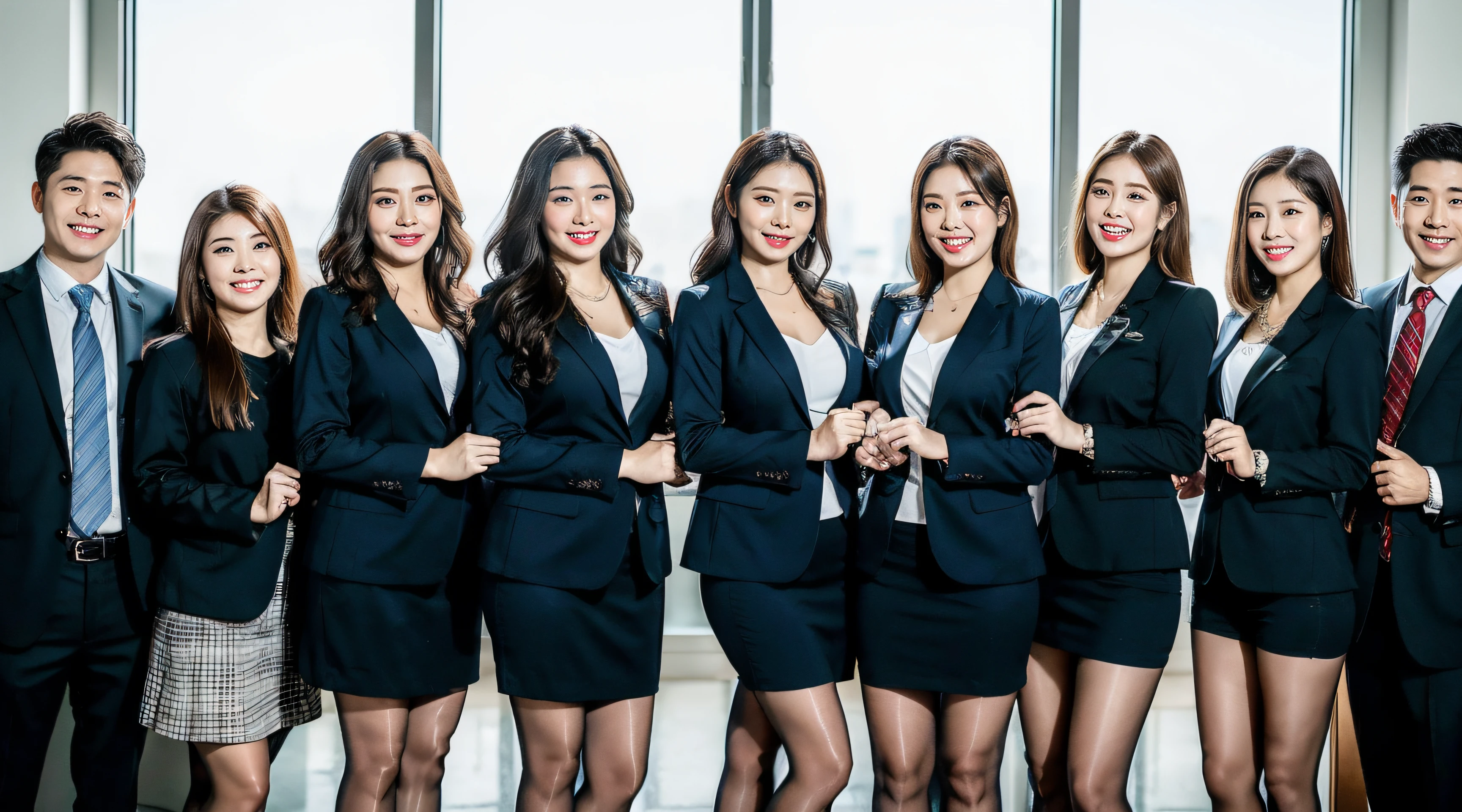 (RAW photo:1.2), (Photorealistic:1.4), A group of 5 men and 5 woman posing for a company photo, very detailed eyes and faces, A detailed eye, ultra - detailed, A high resolution, very detailed, best quality, unified, 8k, masterpiece, best quality, men are wearing office business suit, woman are wearing tight dress and pantyhose, wide smile, standing, bright lighting, day time, korean style makeup, inside the office, celebration mood, looking at the camera, laughing
