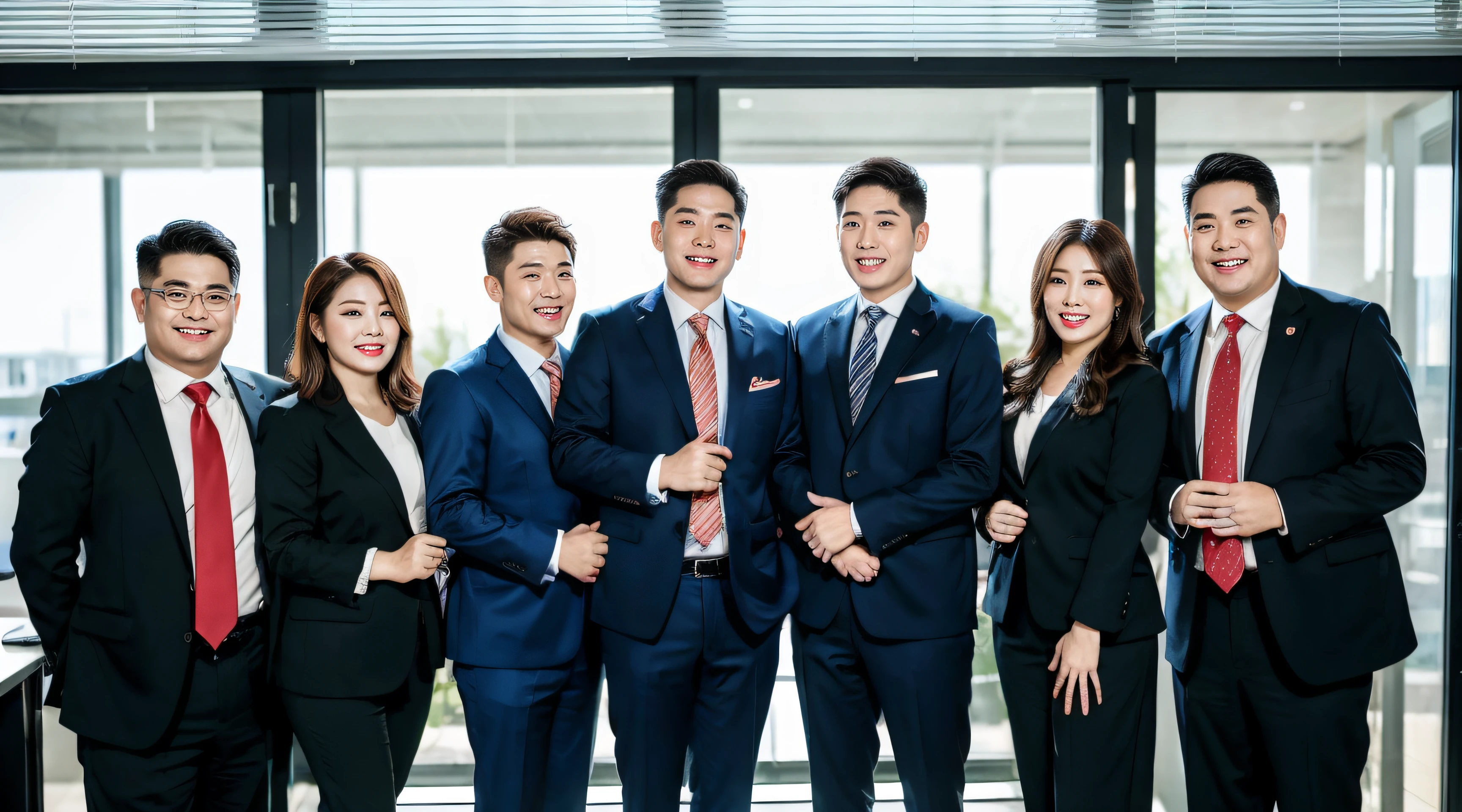 (RAW photo:1.2), (Photorealistic:1.4), A group of 5 men and 5 woman posing for a company photo, very detailed eyes and faces, A detailed eye, ultra - detailed, A high resolution, very detailed, best quality, unified, 8k, masterpiece, best quality, men are wearing office business suit, woman are wearing tight dress and pantyhose, wide smile, standing, bright lighting, day time, korean style makeup, inside the office, celebration mood, looking at the camera, laughing