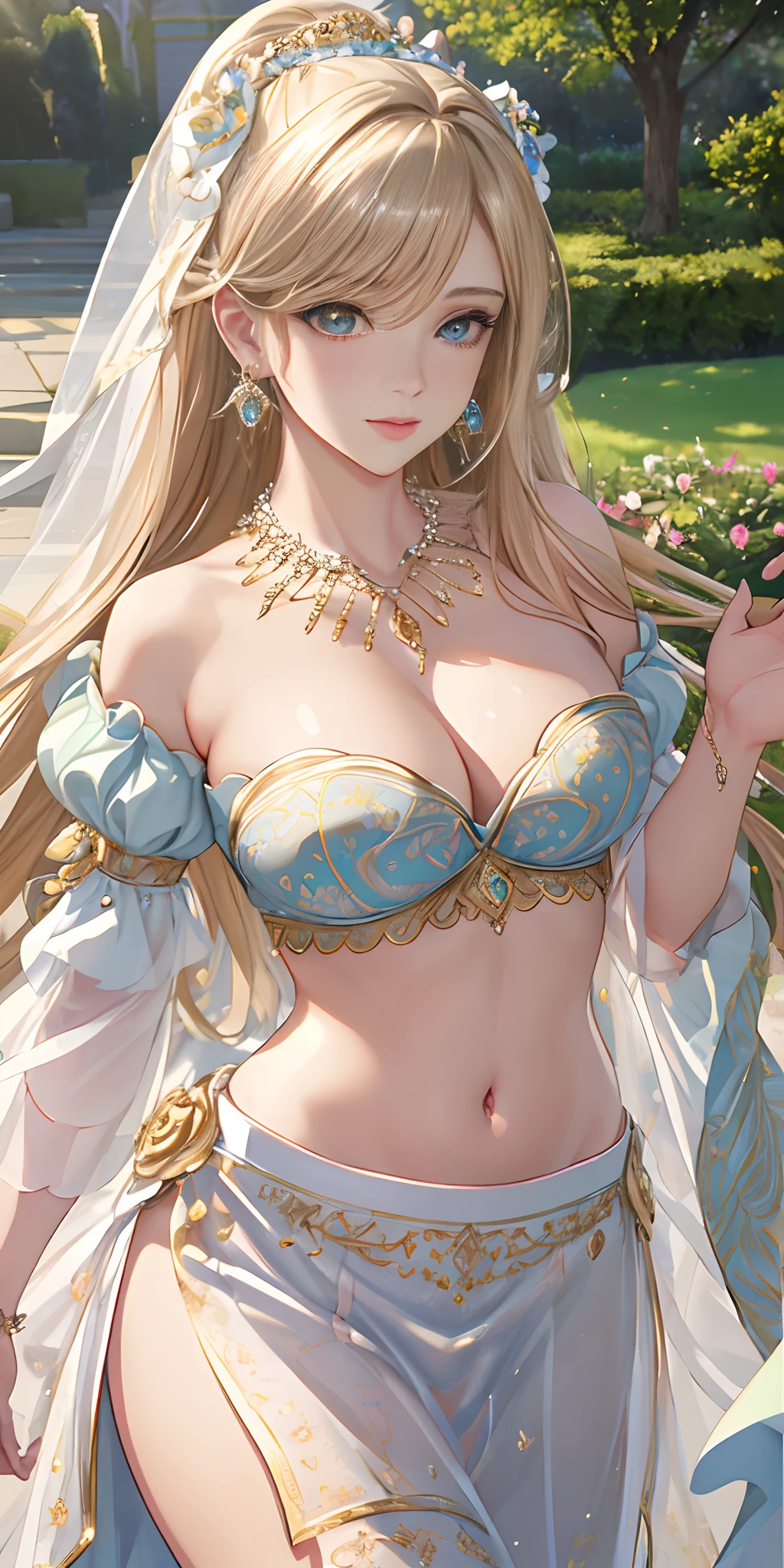 royal garden, (photorealistic:1.4), (masterpiece, front lighting, finely detailed beautiful eyes: 1.2), masterpiece*portrait, realistic, 3d face, glowing eyes, shiny hair, lustrous skin, solo, embarrassed, (midriff), absolute_cleavage, necklace, sapphire_earrings