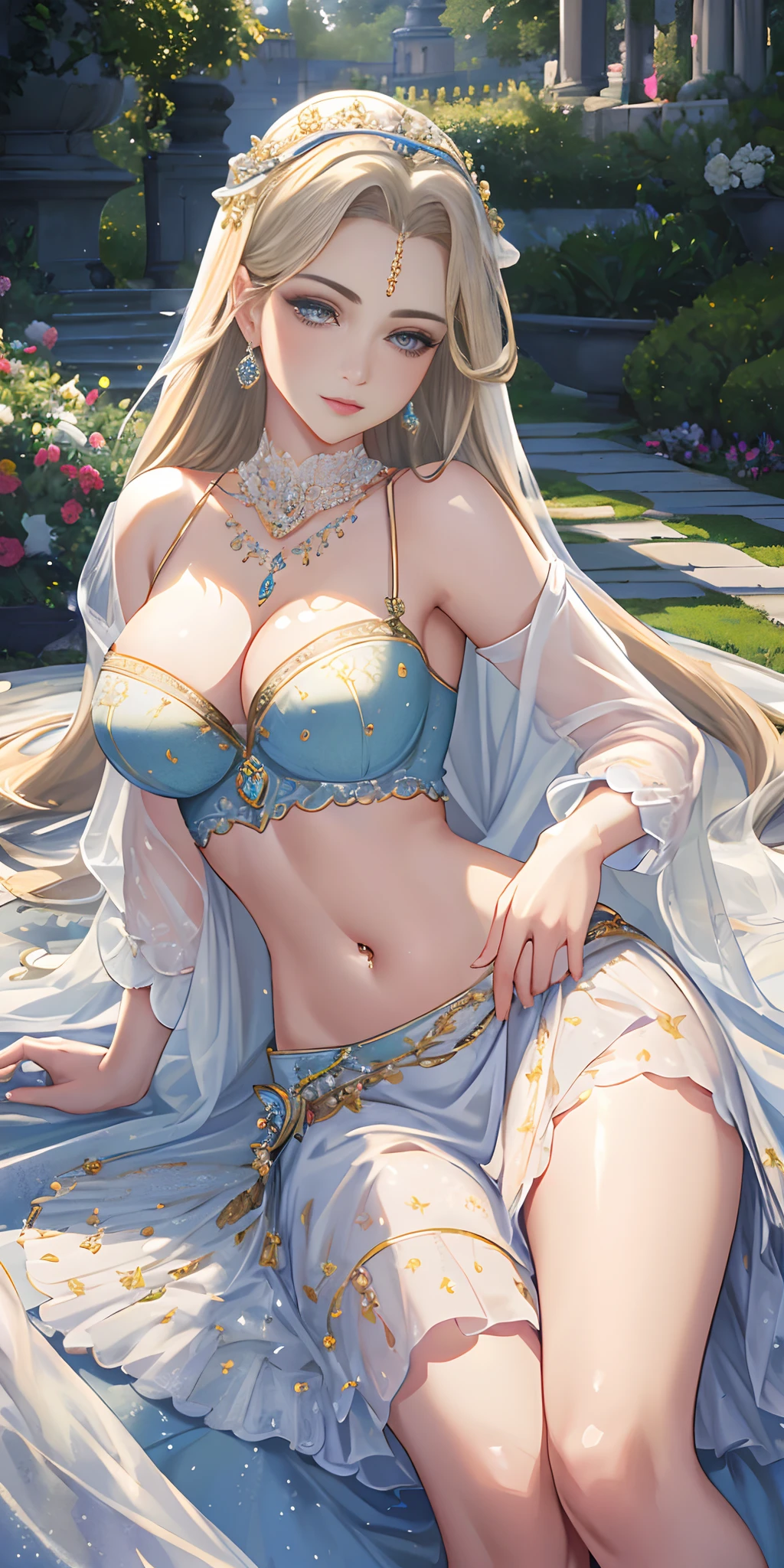 royal garden, (photorealistic:1.4), (masterpiece, front lighting, finely detailed beautiful eyes: 1.2), masterpiece*portrait, realistic, 3d face, glowing eyes, shiny hair, lustrous skin, solo, embarrassed, (midriff), absolute_cleavage, necklace, sapphire_earrings