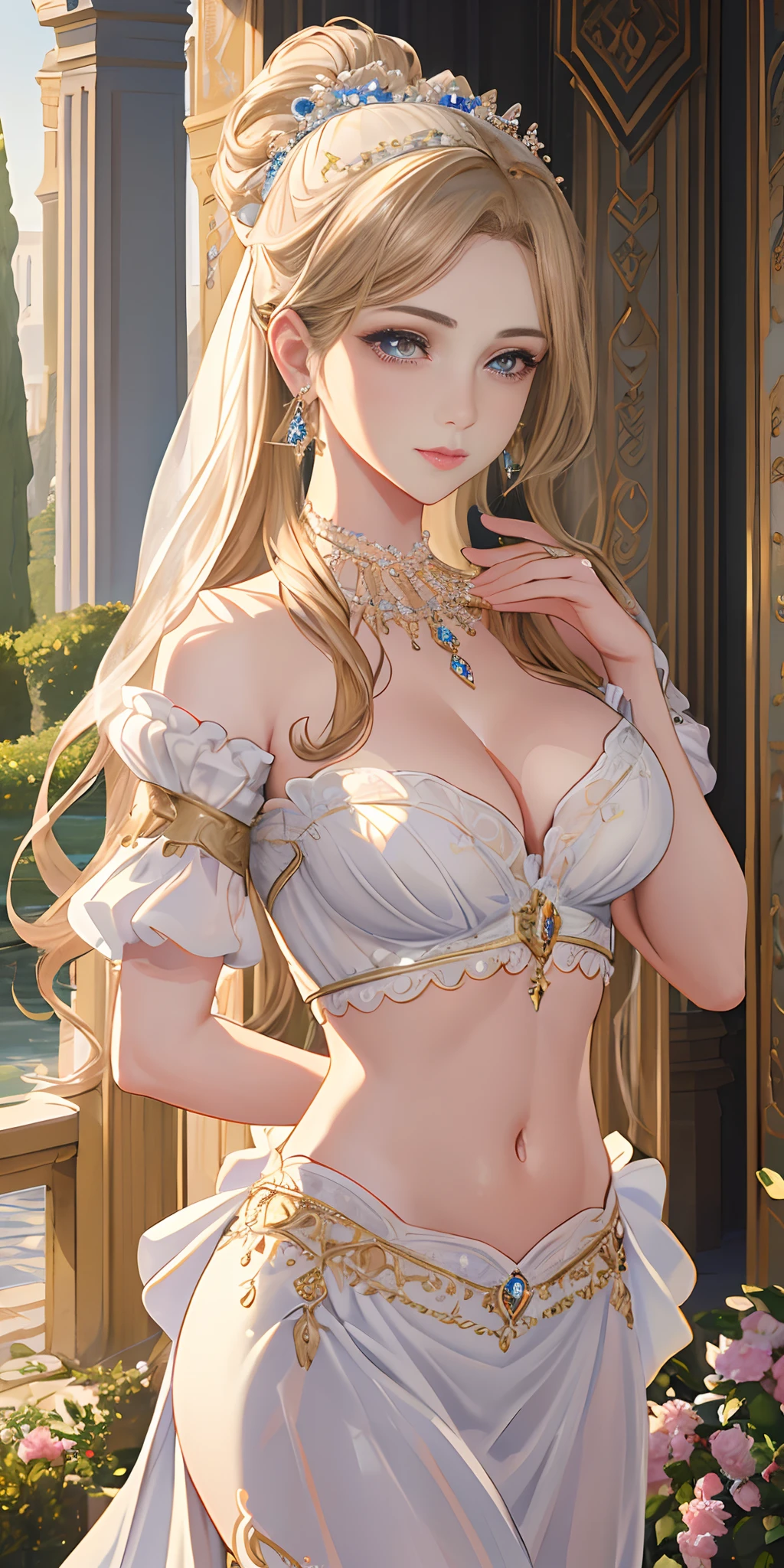 royal garden, (photorealistic:1.4), (masterpiece, front lighting, finely detailed beautiful eyes: 1.2), masterpiece*portrait, realistic, 3d face, glowing eyes, shiny hair, lustrous skin, solo, embarrassed, (midriff), absolute_cleavage, necklace, sapphire_earrings