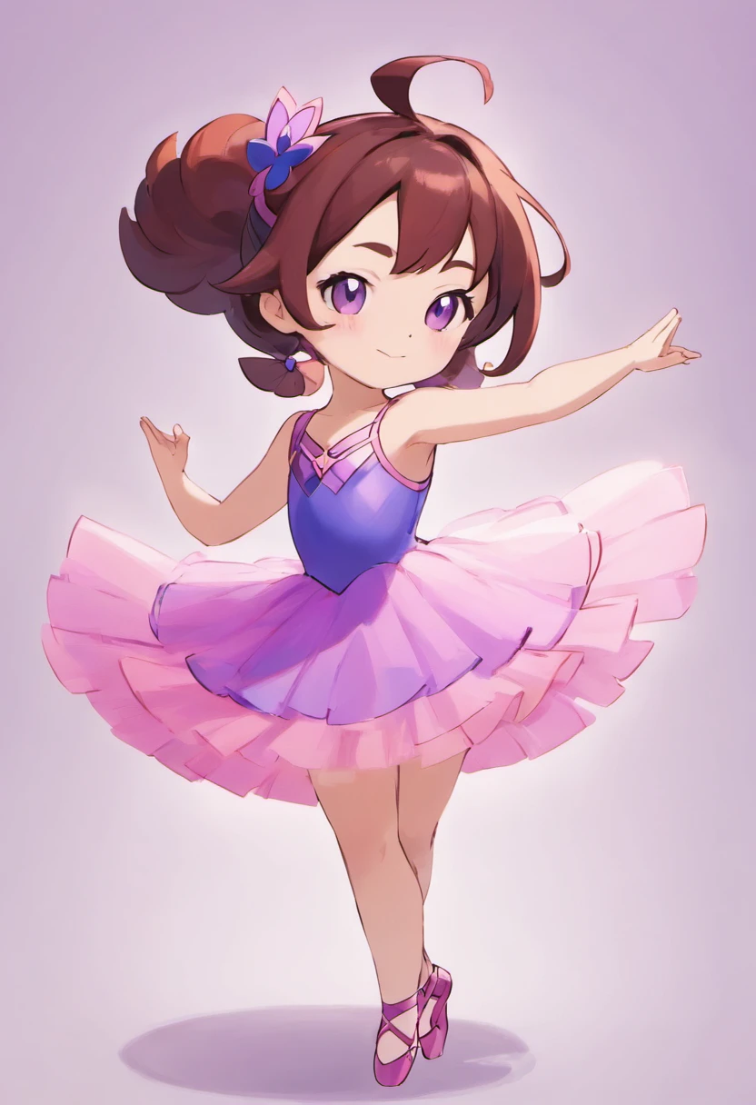 A  daughter with dark red hair and dark brown eyes wearing a pink and purple ballerina dress