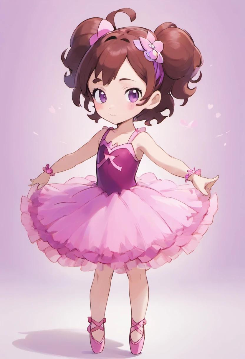 A  daughter with dark red hair and dark brown eyes wearing a pink and purple ballerina dress