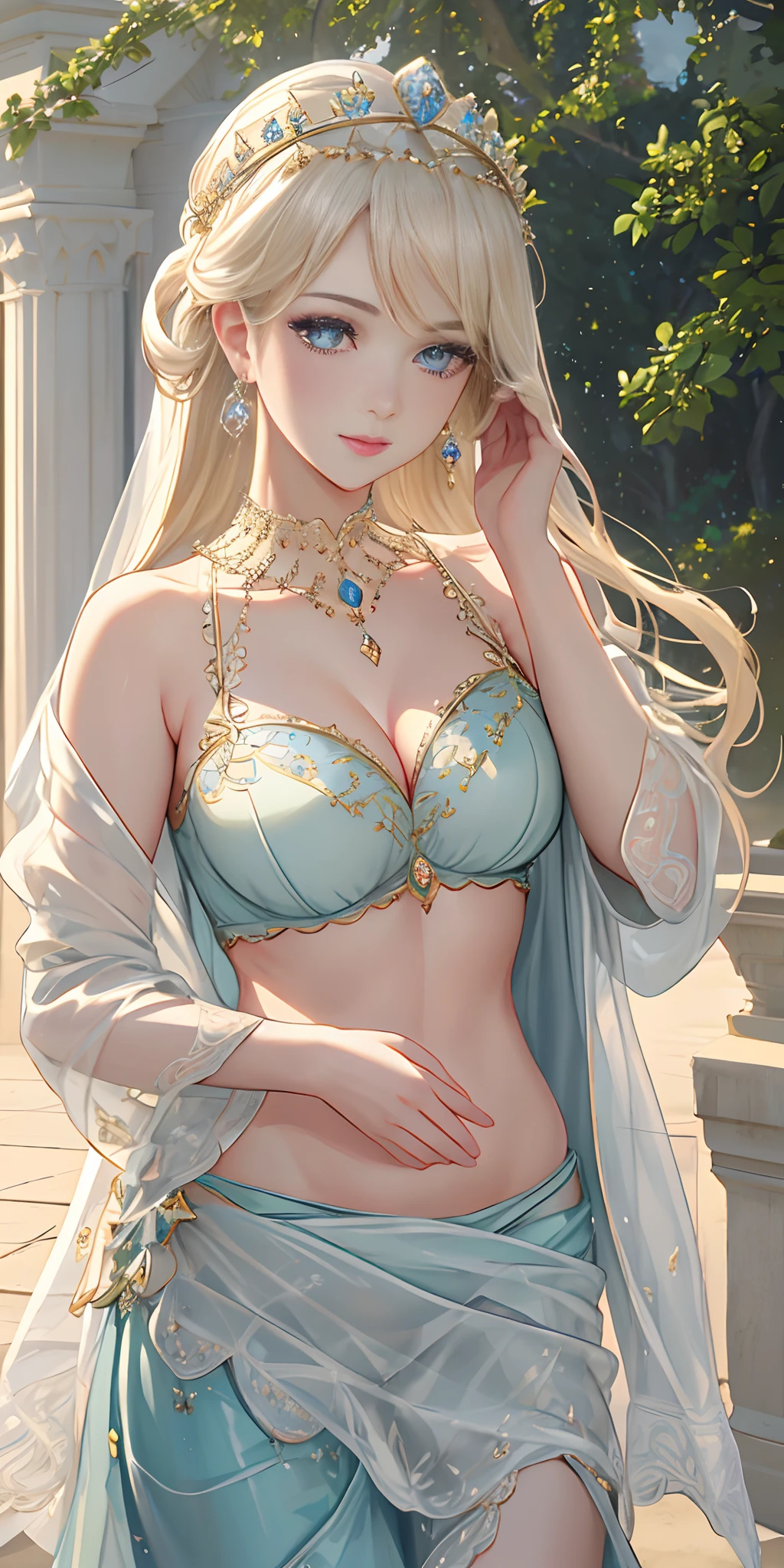 royal garden, (photorealistic:1.4), (masterpiece, front lighting, finely detailed beautiful eyes: 1.2), masterpiece*portrait, realistic, 3d face, glowing eyes, shiny hair, lustrous skin, solo, embarrassed, (midriff), absolute_cleavage, necklace, sapphire_earrings