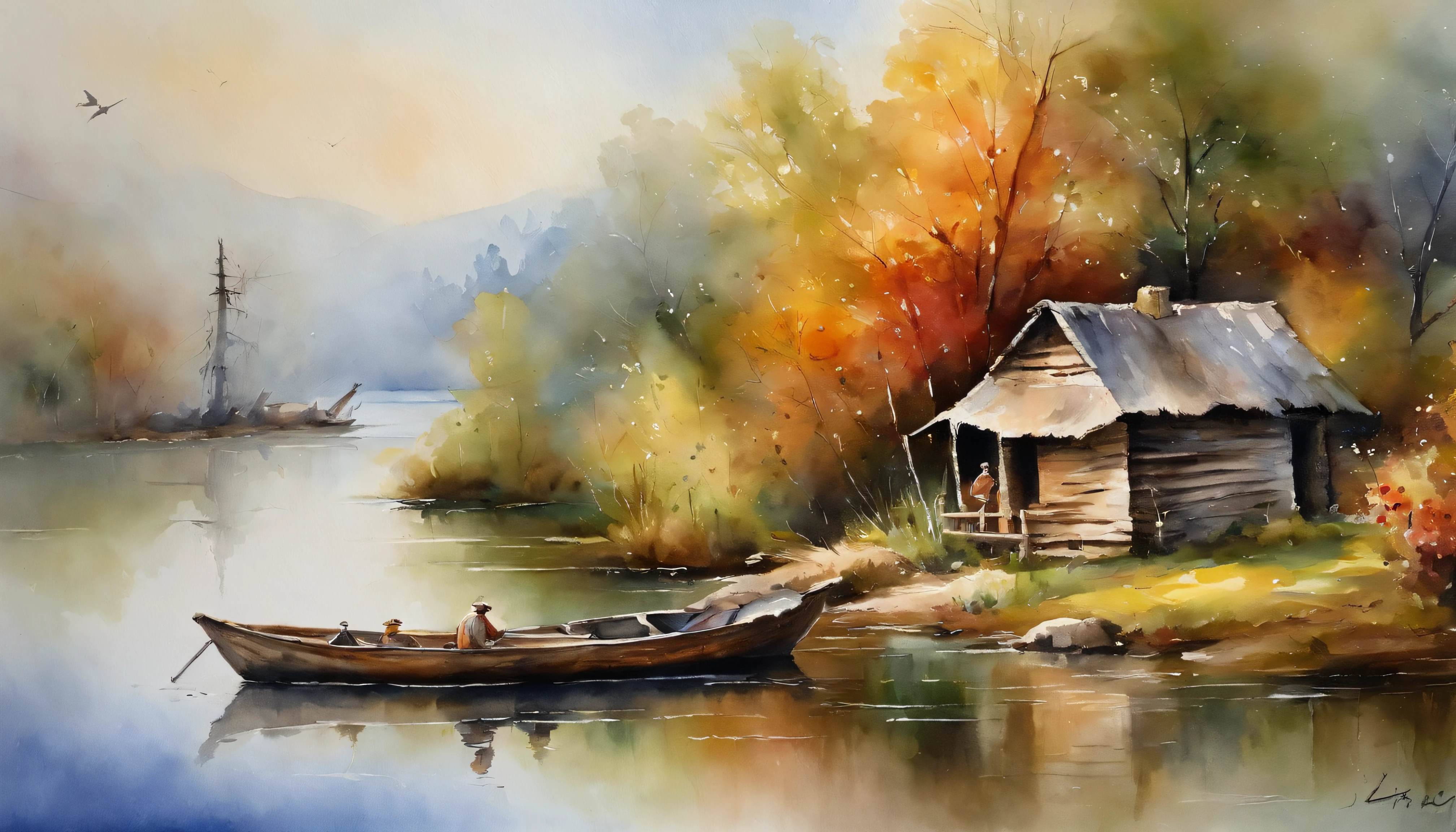 There are a old hut beside the river, a fishing boat near hut over the water, ((ducklings are swimming near the boat)), flowers are blooming beside the hut, an old man smoke and sitting in front of the hut. Masterpiece art work.