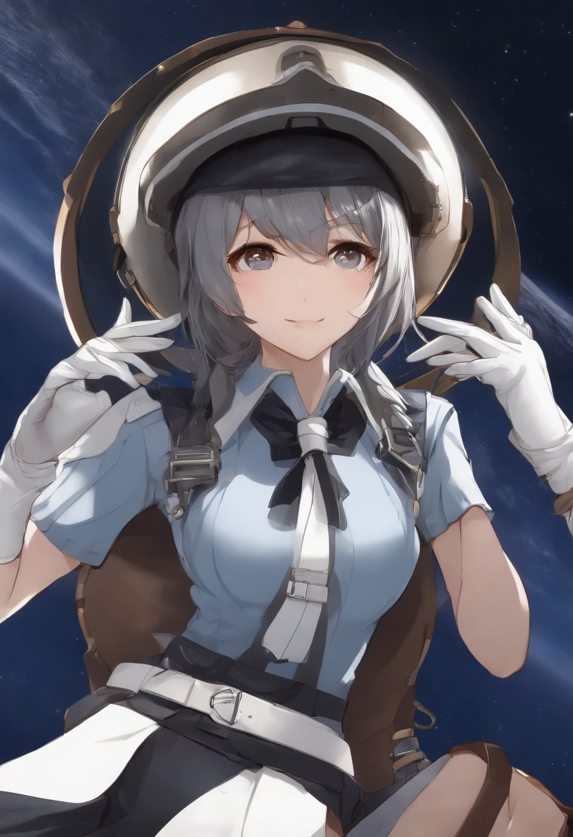 2d, masterpiece, best quality, anime, highly detailed face, highly detailed eyes, highly detailed background, perfect lighting, cowboy shot, 1girl, solo, aki rosenthal, collared dress, short dress, short sleeves, blue jacket, black thighhighs, detached hair, long hair, low twintails, bob cut, necktie, headgear, white gloves, elbow gloves, wide hips, smile, standing, spacecraft interior