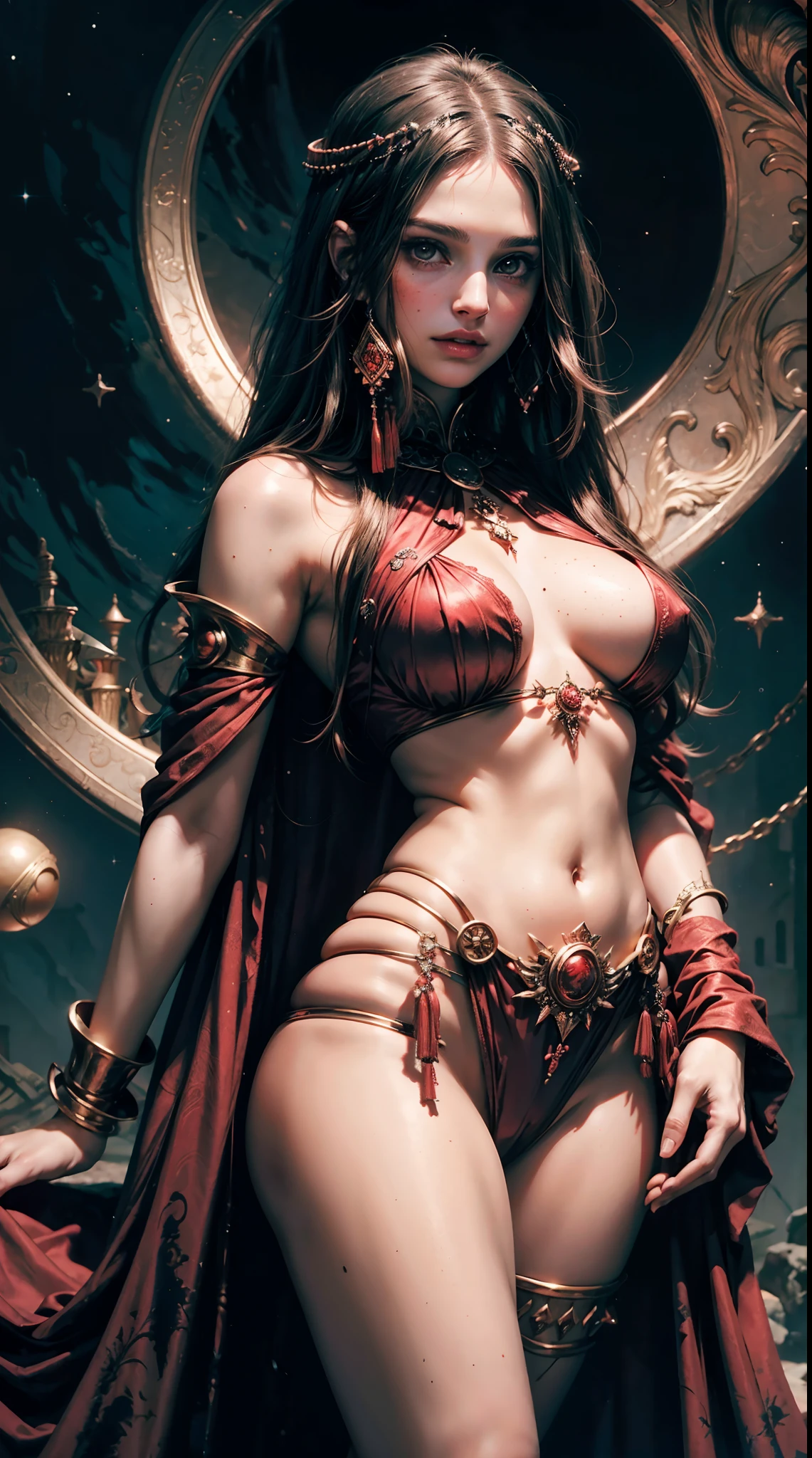 1970's dark fantasy heavy metal. teen natalie portman as a red priestess girl. gentle smile. (Jupiter night desolation). freckles. slender and beautiful. intricate detail.
