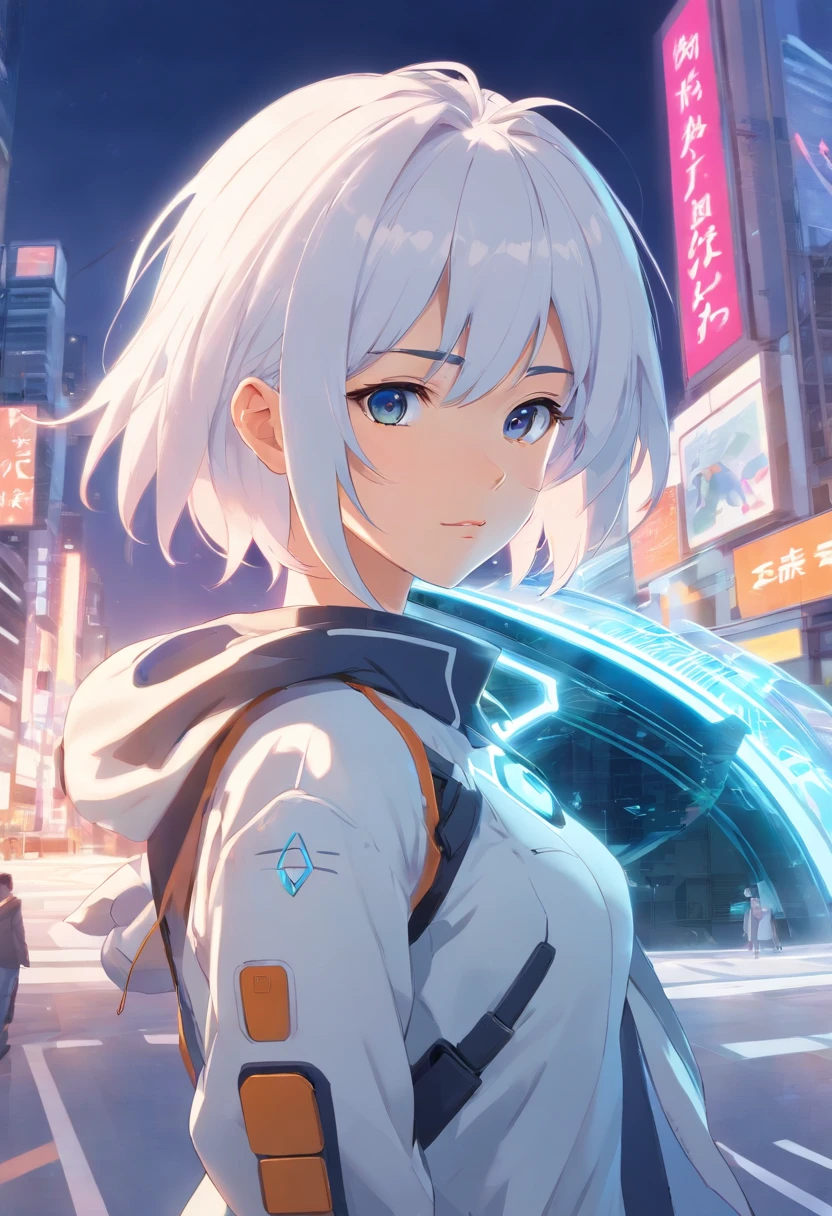 Two-dimensional girl,cyborg, white color hair