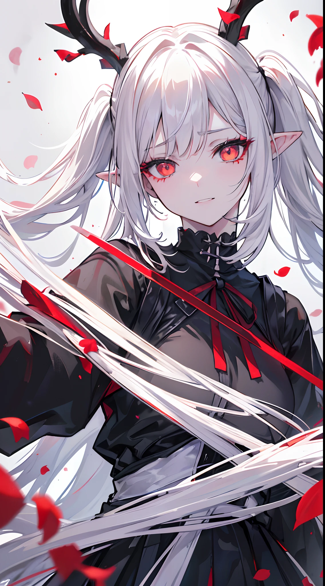 A girl,tear-mole,Black hand armor,Miserable white skin,Bloodless skin,pointy ears,Black antlers,Red pick dye, Very long white hair, Fluttering white hair,Black bangs,black pigtails,soaking wet hair,Prompts are highlighted in black, Peach eyes,White giant eyes,Beast pupils,Red tears,big laughter,grin,ridicule,Lick your fingers,Neck suture scars,White bandages are wrapped around the body,Black tights,Collar,Black chain,,Conservative red hanfu,falling flower petals,drenched clothes,Black swords scattered in all directions,Create mottled shadows, Her hair swayed gently in the breeze, A mocking expression appeared on her face(Best quality,4K,8K,A high resolution,Masterpiece:1.2), Ultra-detailed, (Realistic,Photorealistic,photo-realistic:1.37), hdr, hyper HD, Studio lighting, Ultra-fine painting, Sharp focus, Physically-based rendering, Extreme detail description,