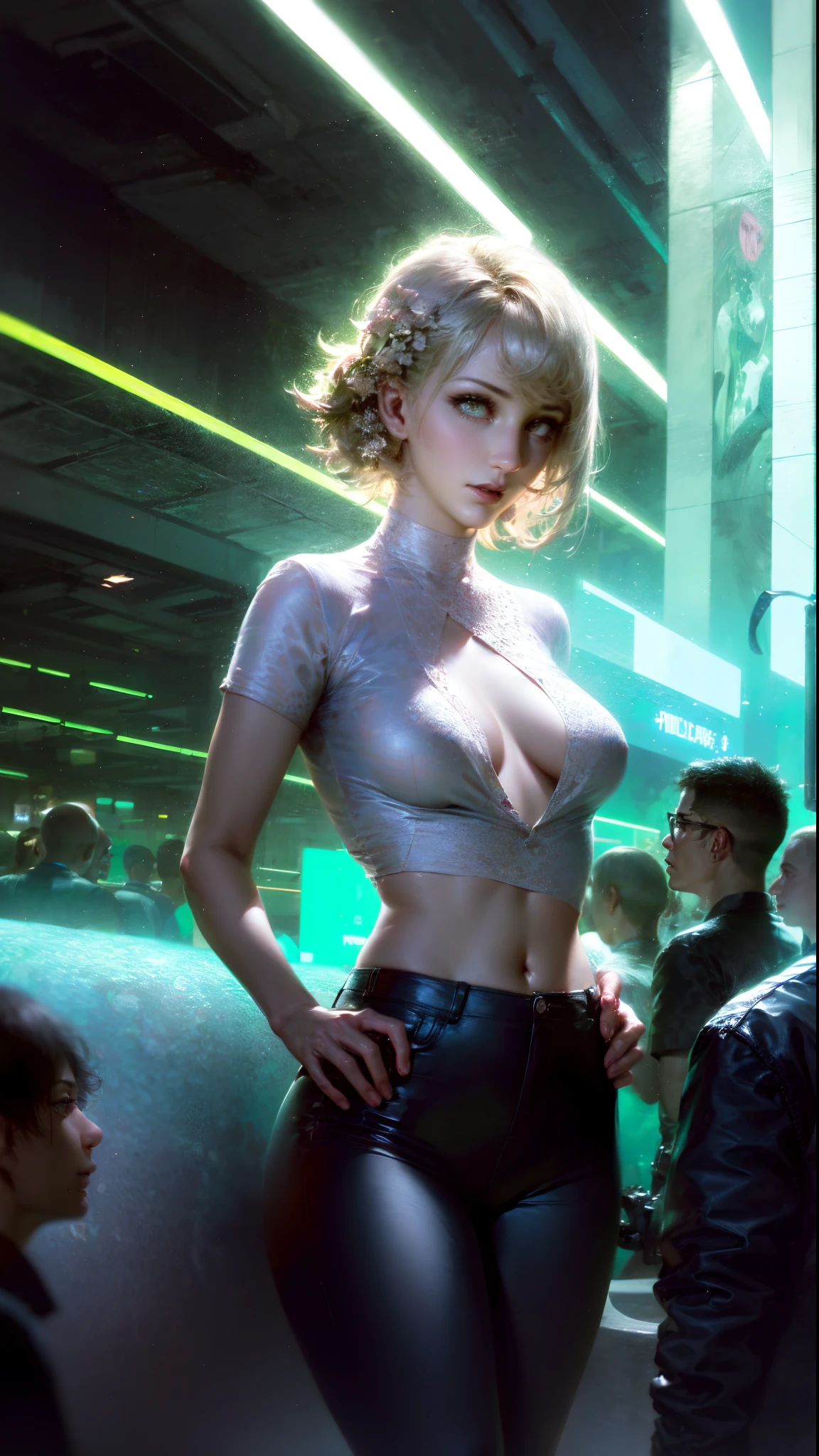 masterpiece, best quality, nsfw, 1girl, platinum blonde hair, short hair, green eyes, braids, small perky breasts, on the street, night, neon light, white t-shirt, braless, black pants, poker face, front view, standing, in crowd,