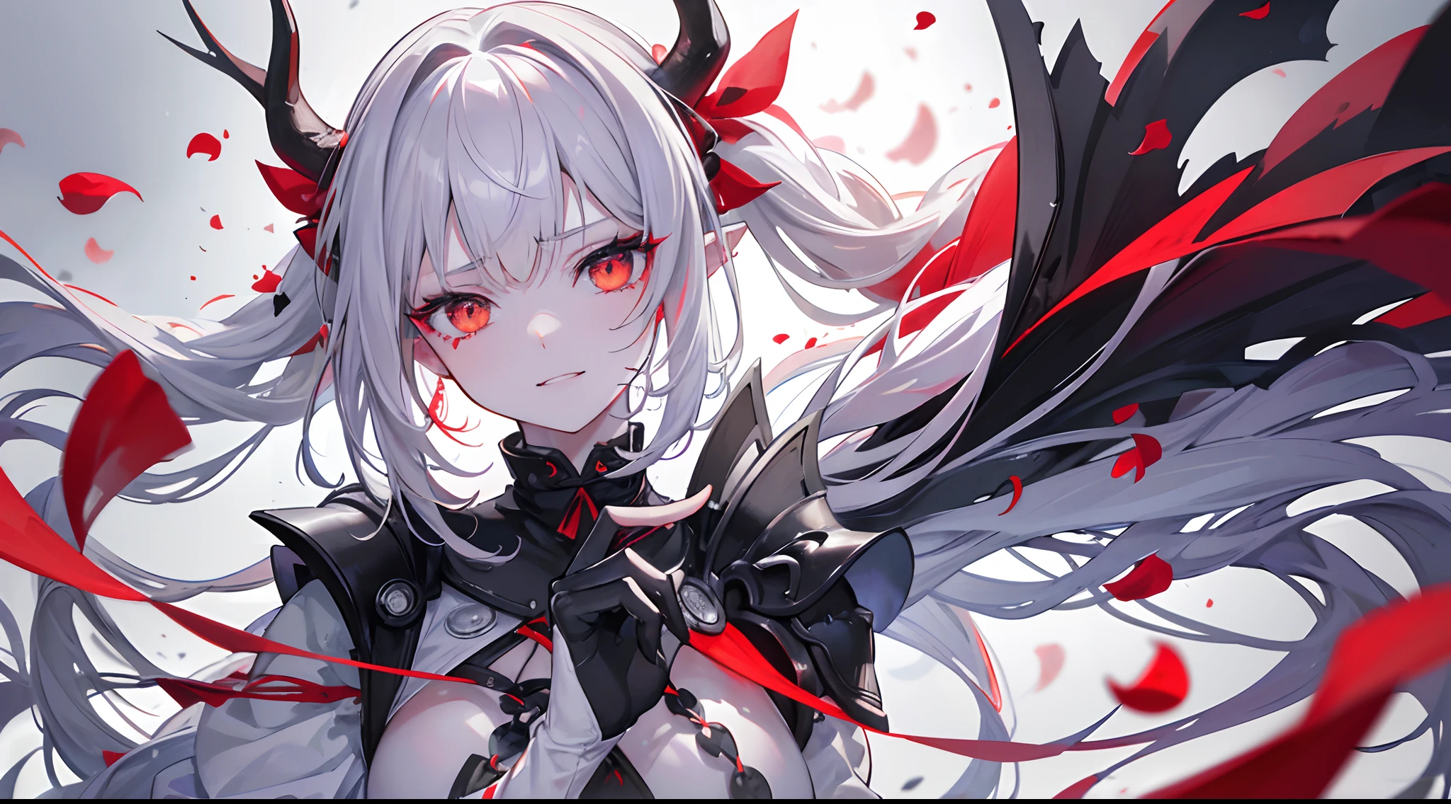 A girl,tear-mole,Black hand armor,Miserable white skin,Bloodless skin,pointy ears,Black antlers,Red pick dye, Very long white hair, Fluttering white hair,Black bangs,black pigtails,soaking wet hair,Prompts are highlighted in black, Peach eyes,White giant eyes,Beast pupils,Red tears,big laughter,grin,ridicule,Lick your fingers,Neck suture scars,White bandages are wrapped around the body,Black tights,Collar,Black chain,,Conservative red hanfu,falling flower petals,drenched clothes,Black swords scattered in all directions,Create mottled shadows, Her hair swayed gently in the breeze, A mocking expression appeared on her face(Best quality,4K,8K,A high resolution,Masterpiece:1.2), Ultra-detailed, (Realistic,Photorealistic,photo-realistic:1.37), hdr, hyper HD, Studio lighting, Ultra-fine painting, Sharp focus, Physically-based rendering, Extreme detail description,