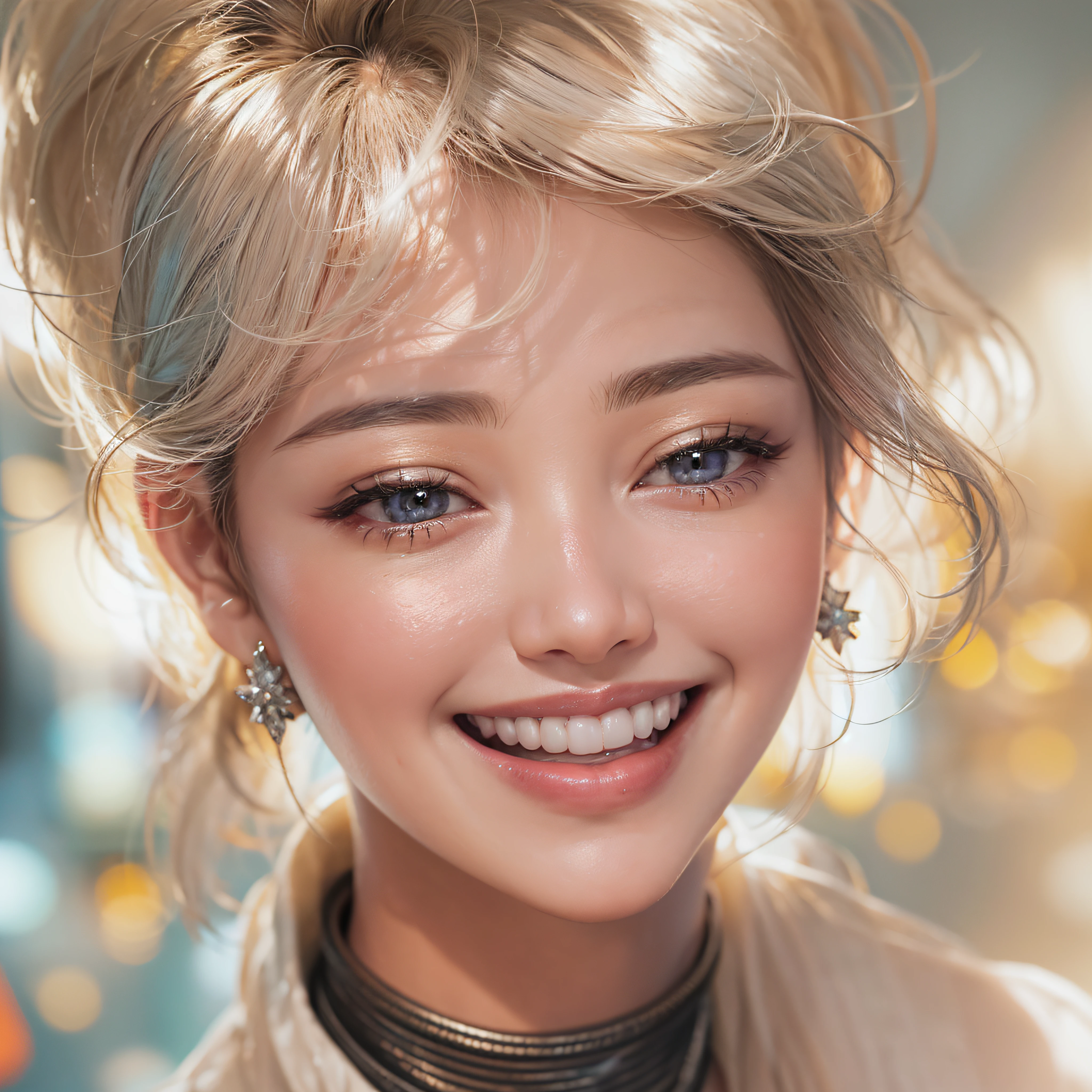 Checkered painting of the body、Close-up of laughing face、poneyTail、makeup、Glossy lips、Shining eyes、(realisitic、hight resolution)、(1 girl in)、Do-Up Eye、Korean Girl、(Best Quality), (masutepiece), (1girl in), Solo, a beauty girl, Perfect face, Highly detailed airbrush art((Surreal))、Volumetric lighting、(top-quality)、The ultra-detailliert、Highly detailed colorful details、(Bright lighting)、dynamic compositions、ultra-detailliert、nffsw、Her eyes are shining、Her face is full of anticipation and courage for adventure、A smile comes to her lips、An air full of smiles and adventurous spirit、Checkered painting of the body、