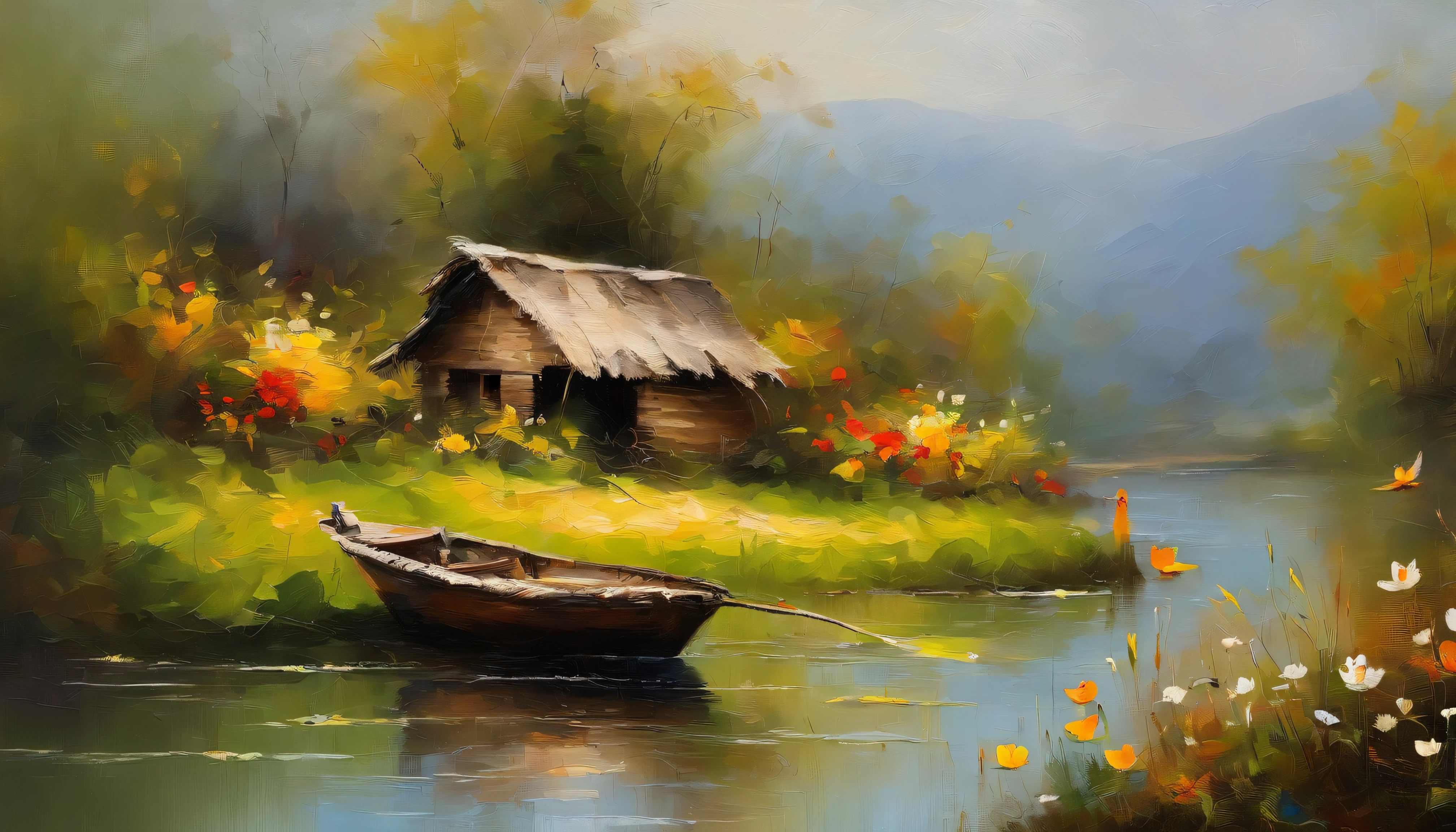 There are a old hut beside the river, a fishing boat near hut over the water, ((ducklings are swimming near the boat)), flowers are blooming beside the hut, an old man smoke and sitting in front of the hut. Masterpiece art work.