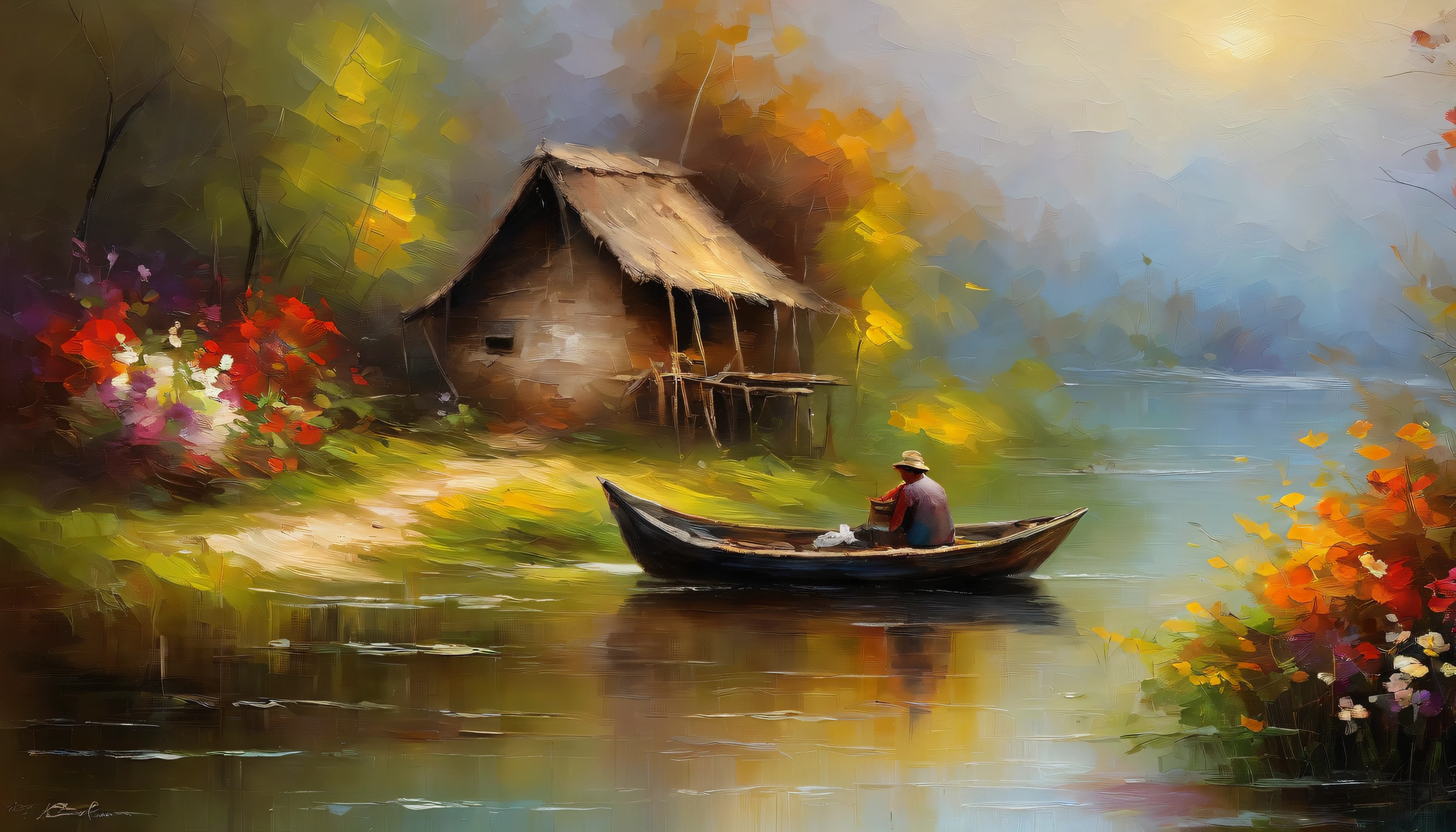 There are a old hut beside the river, a fishing boat near hut over the water, ((ducklings are swimming near the boat)), flowers are blooming beside the hut, an old man smoke and sitting in front of the hut. Masterpiece art work.