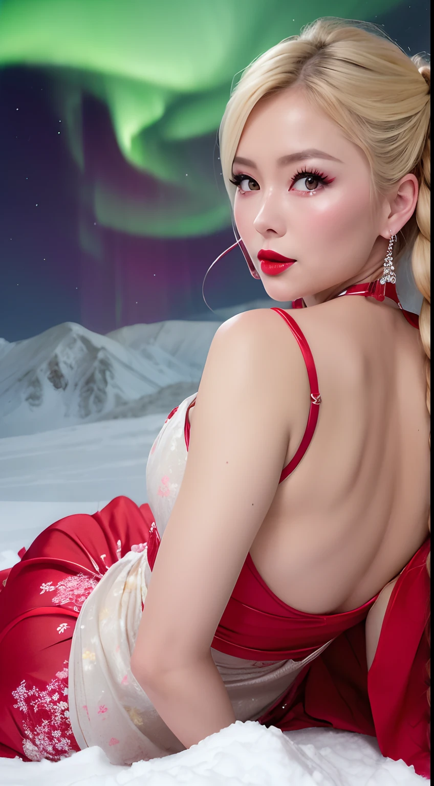 (Japanese ido) a blond (A MILF) Whip whip ((bright red lips)) Glossy Metallic Red China Long Dress Sitting on a snowy field and turning around full of sweat (Aurora Borealis and the Great Snowfield) Portrait