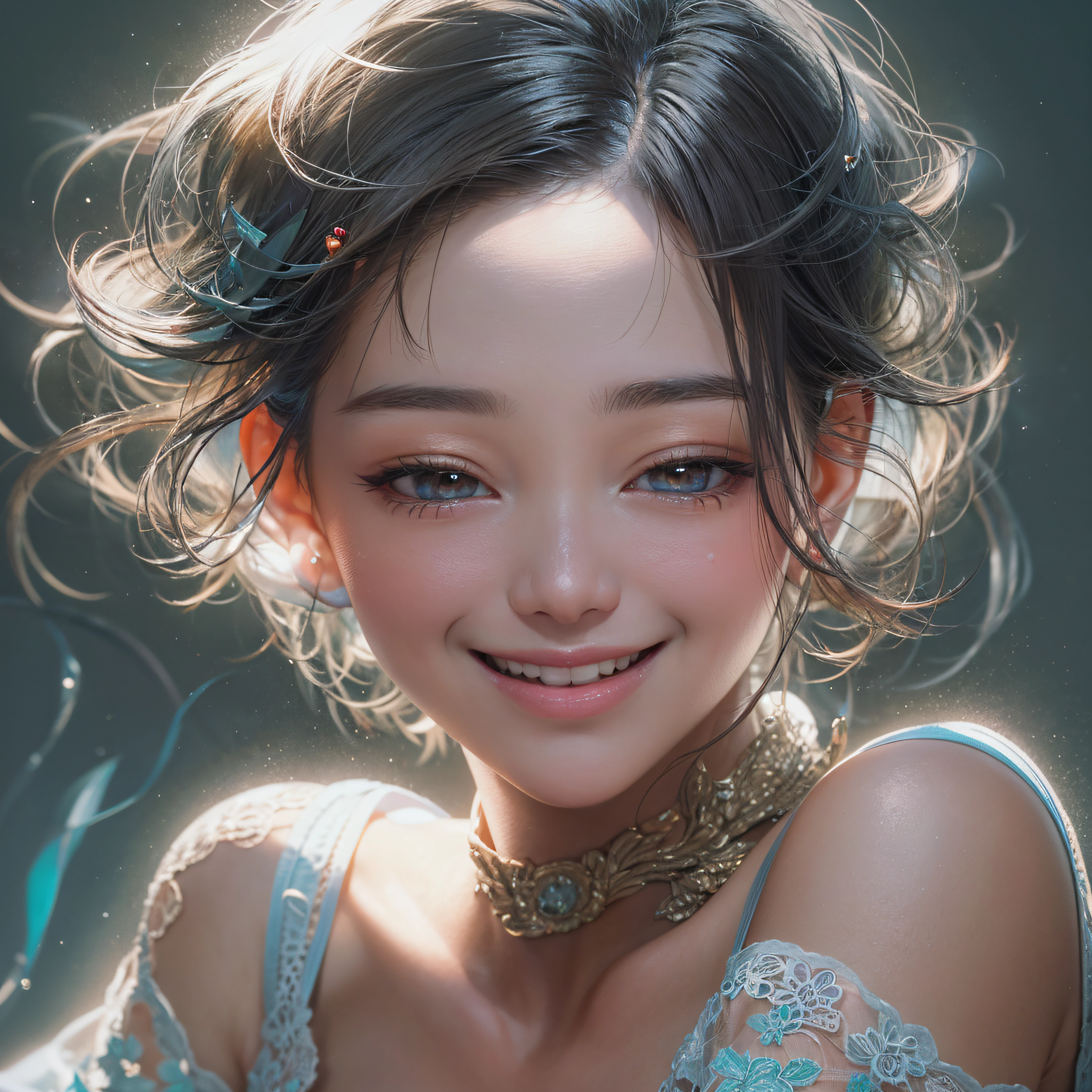 Close-up of laughing face、embracing each other、short-hair、Facing the front、super model、makeup、Glossy lips、Shining eyes、(realisitic、hight resolution)、(1 girl in)、Do-Up Eye、Korean Girl、(Best Quality), (masutepiece), (1girl in), Solo, a beauty girl, Perfect face, Highly detailed airbrush art((Surreal))、Volumetric lighting、(top-quality)、The ultra-detailliert、Highly detailed colorful details、(Bright lighting)、Her eyes are shining、Her face is full of anticipation and courage for adventure.、A smile comes to her lips、An air full of smiles and adventurous spirit、Hot Hot