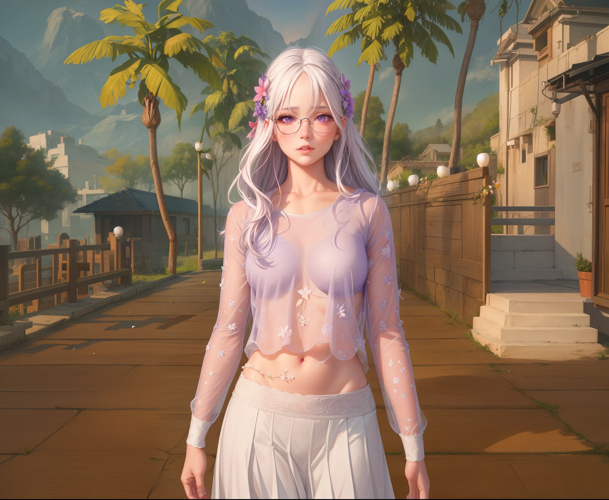 realistic, 1girl, white hair, purple eyes, glowing eyes, crop top, skirt, parted lips, blush, night, flowers, sun, sunlight,