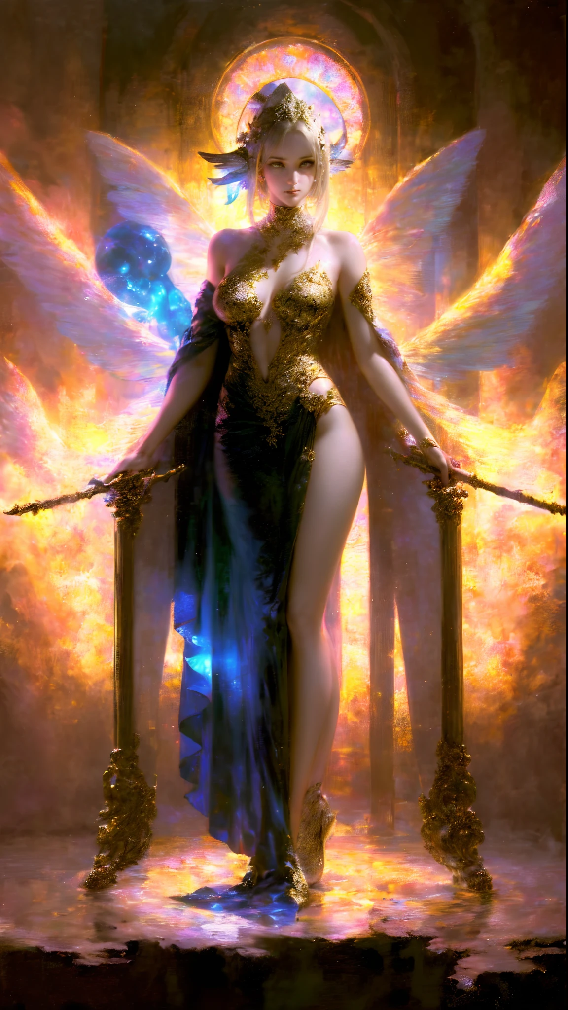 (Numerous award-winning masterpieces of, With incredible details, textures and maximum detail), (full-body standing image:1.8), (up of the upper body:0.3), (Ultra photo realsisim:1.4), (Realistic:1.3), (best quality real texture skin), (Beautiful fairy high wizard: 1.7), (Holding a long wizard's staff with elaborate decorations,Exudes a mysterious glow: 1.7), (Fine true circle Symmetrical eyes), (Beautifully drawn beautiful face), ((medieval world)), (Wearing a wizard's black hat: 1.6), (Pitch-black cloak with elaborate decorations: 1.6), (Cloak with elaborate decoration, Although it is damaged and faded: 1.5), (full-body standing image:1.8), (Beautiful clear eyes), (Slight smile), (Beautiful colored eyes full of joy), (A high-level fairy wizard who unleashes magic from your fingertips: 1.3), (Shining majestic cloud masses and sky:1.4), (A powerful glowing magic array: 1.3), Dramaticlight, A majestic sight, (The wings and wings are translucent:1.8), (Four, Transparent wings,The wing veins resemble dragonfly wings behind the shoulders: 1.9), (((Folded wings))), Glass earrings on the ears, (((Dramatic photo))), (full-body standing image:1.8), (Golden hair), (Silver hair), (maroon hair), short detailed hair, ((head looking up)), ((Looking down)), (Around her neck is a simple necklace of exquisite workmanship), Old ruins infested with plants, great temple, great cathedral, Temple ruins, detached temple, (Luminous magic circle), Ancient Castle Site, Deserted ruins, crumbling ruins, Ancient ruins with clear water, Highly detailed, Ultra-realistic, Intricate details, Painting (artwork of a), ((Masterpiece,Best quality)), ((Cinematic light)), Ultra photo realsisim, fearsome, Dark fantasy, holy rays, epic realistic, Faded, ((com cores neutras)), art, (hdr:1.5), (pastel colour:1.2), ultra - detailed, (Art Station:1.5), Cinematic, warm lights, Light effect, Dramaticlight, (Intricate details:1.1), the complex background, (greg rutkovsky:0.8), (Teal and orange:0.4),