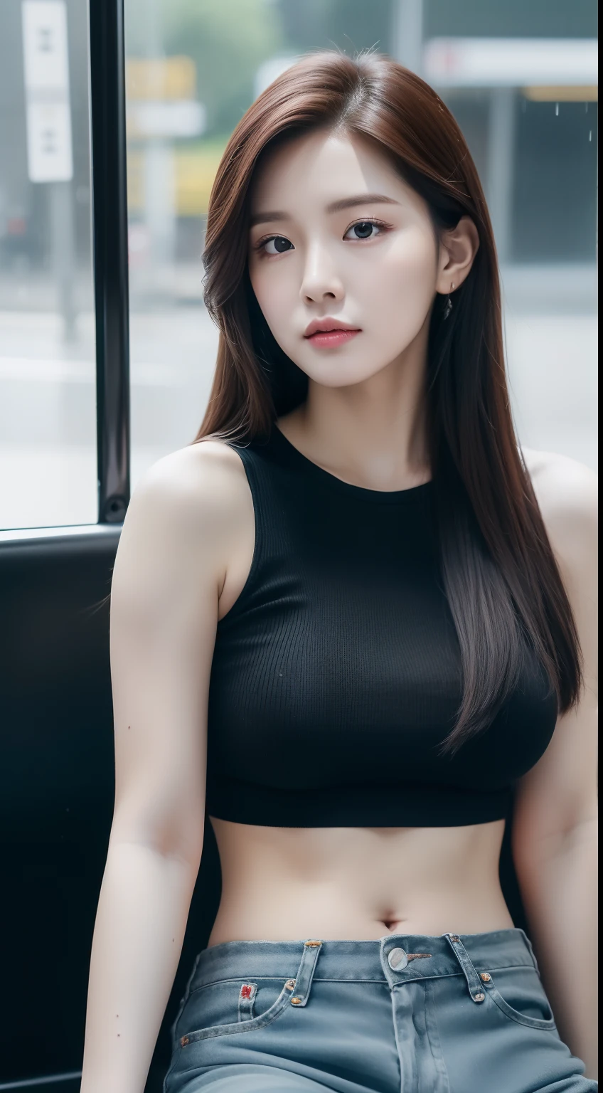 realistic photos of 1 cute Korean star, straight hair, white skin, thin makeup, 32 inch breasts size, wearing black and white crop top, pants, sitting at bus stop in rainy day, upper body portrait, UHD
