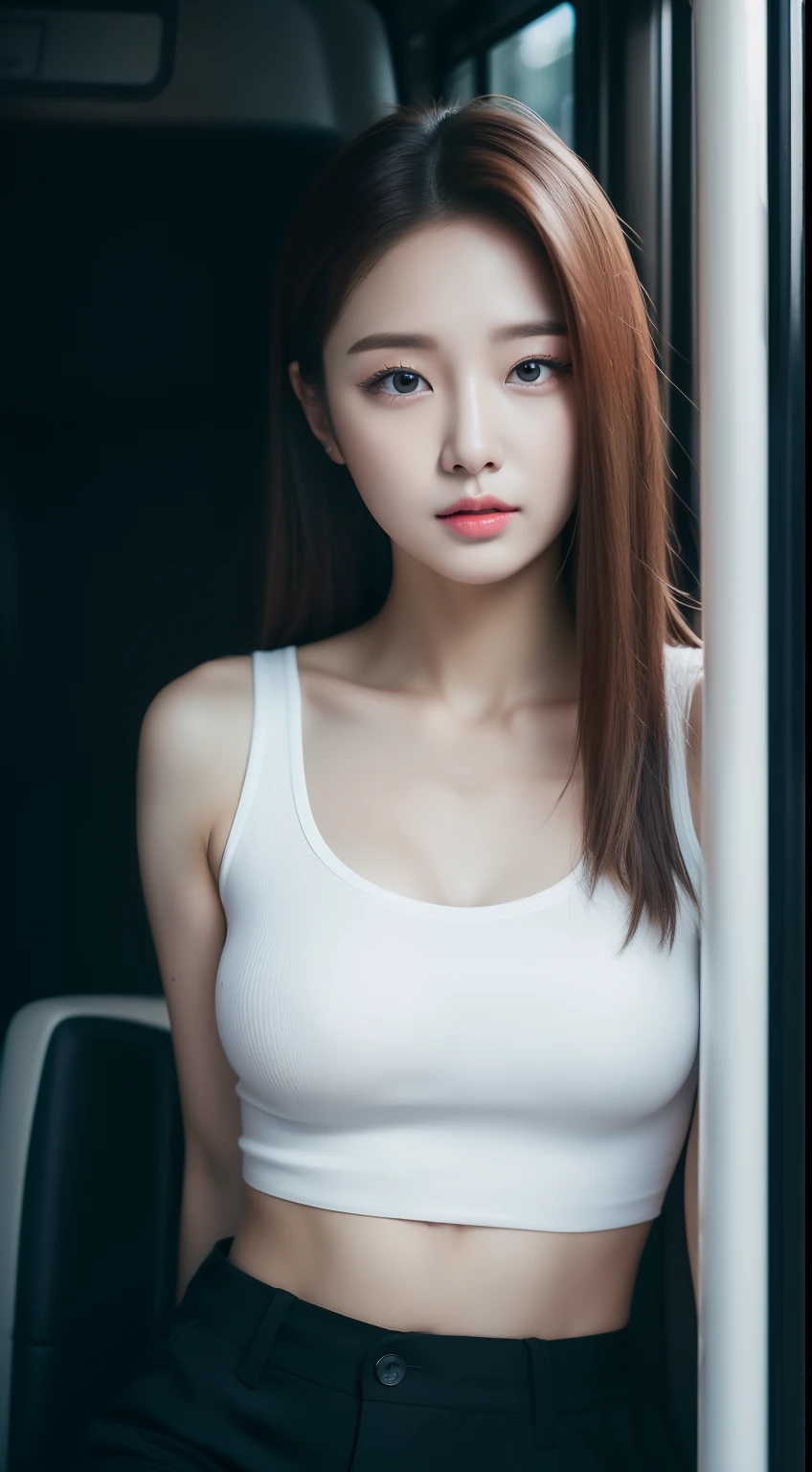 realistic photos of 1 cute Korean star, straight hair, white skin, thin makeup, 32 inch breasts size, wearing black and white crop top, pants, sitting at bus stop in rainy day, upper body portrait, UHD