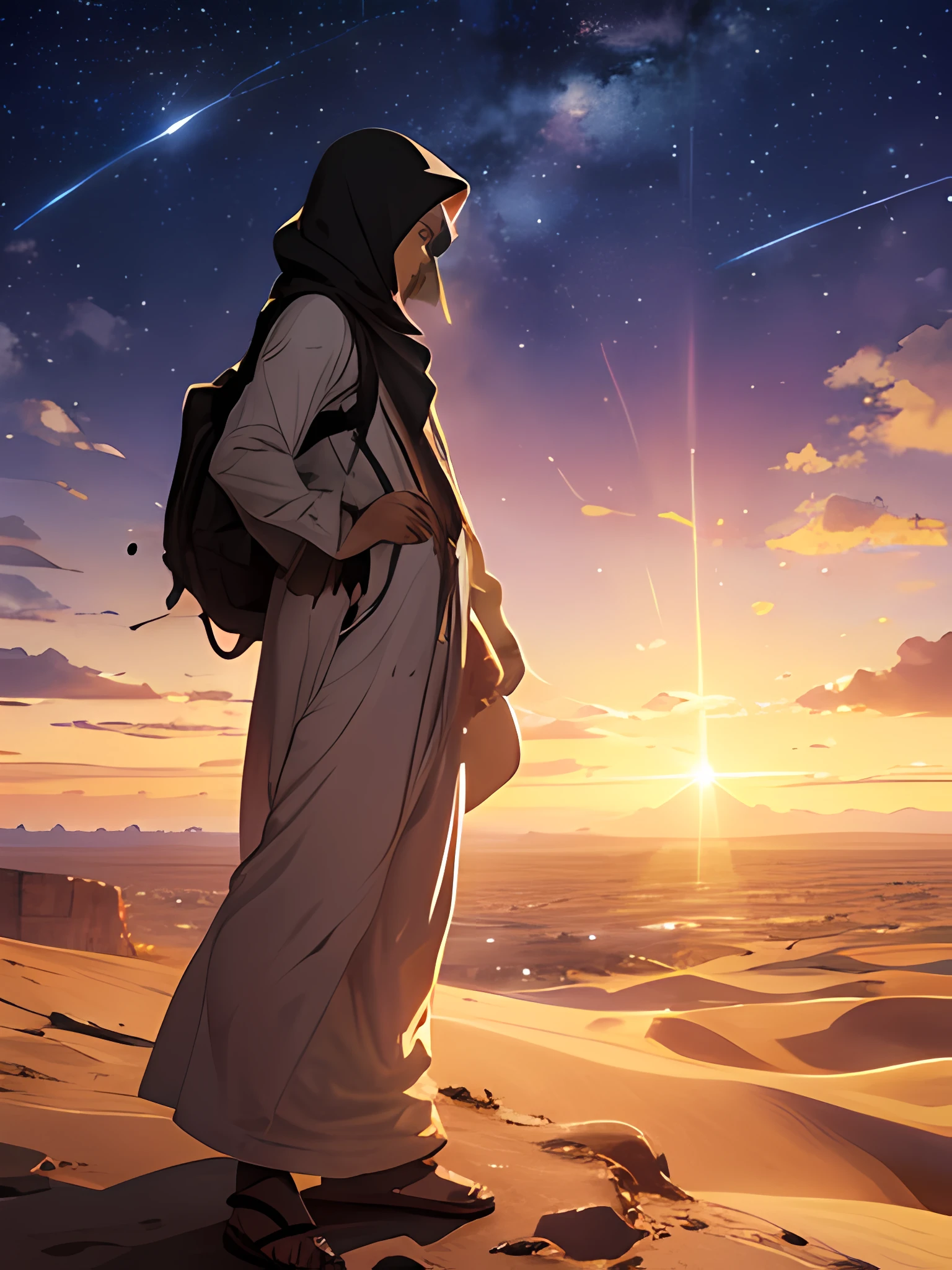 desert, shooting star, landscape, arabic man, thobe, head cover, facing the horizon, facing the background, sunrise on the center picture, only one