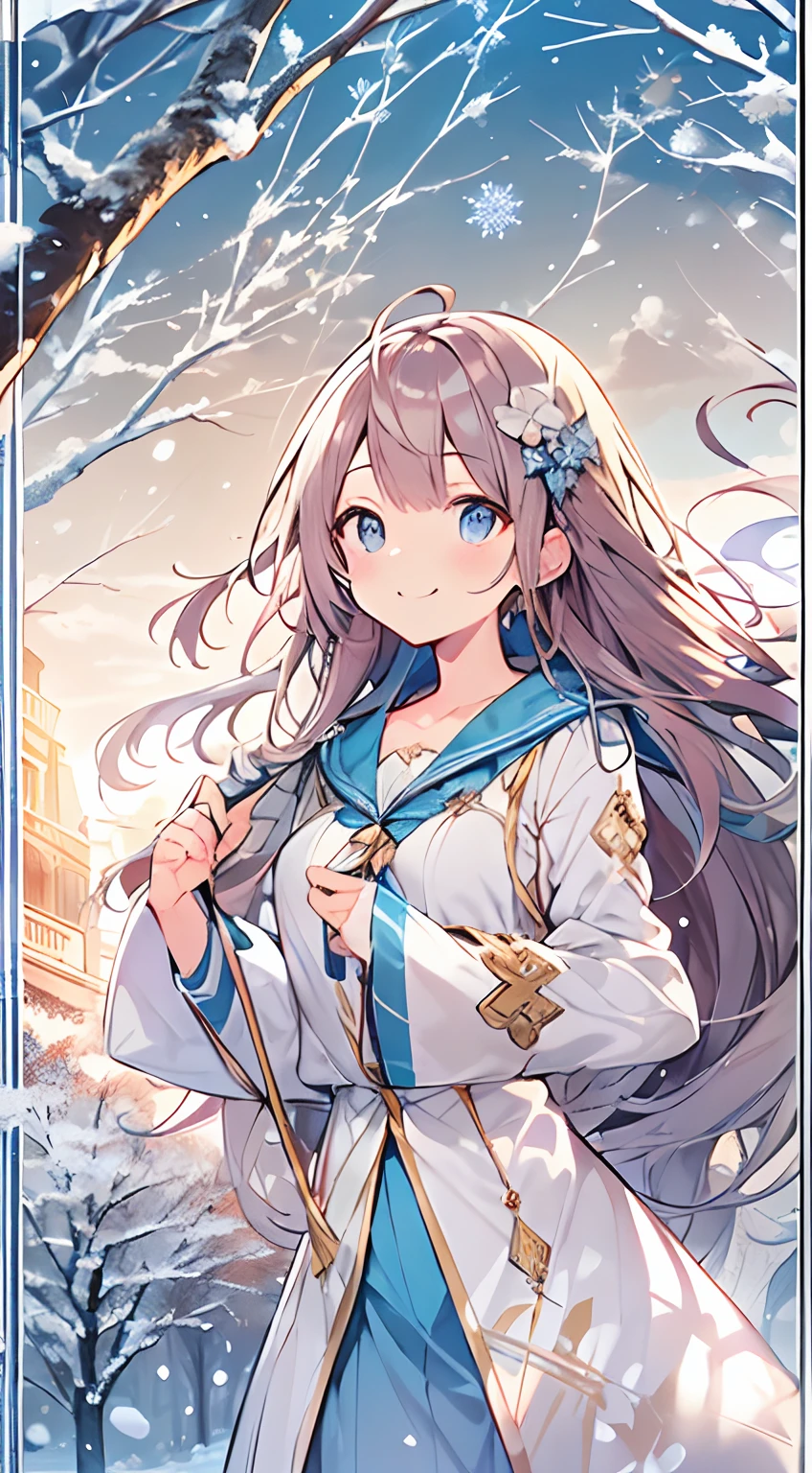 masutepiece, Best Quality,Illustration, Wallpaper, ultra -detail, Absurd beauty, 1beautiful girl、Bright hair color、Glitter and big eyes、Hair fluttering in the wind、ample breasts、♡、Smaller head、Winter scene、miscievous smile、bustup