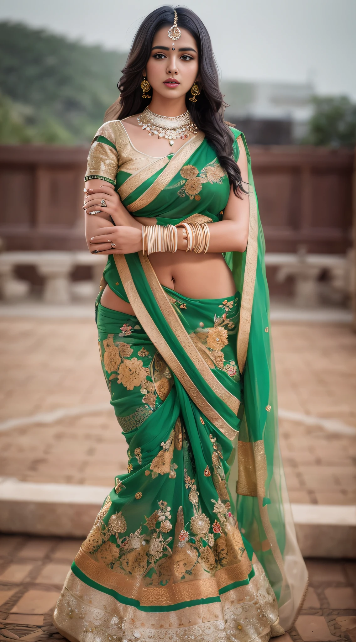 A woman in a sari poses for a photo, indian goddess, Traditional beauty, Indian, Beautiful goddess, Gorgeous Role Play, indian style, indian super model, beautiful teenage girl, Gorgeous woman, south east asian with long, provocative indian, gorgeous beautiful woman, intricate outfits, hindu aesthetic, Beautiful Asian girl, extremely detailed goddess shot, Jaw-dropping beauty, Look at the camera with your face，（Wrap the chest），（The entire chest does not ????），