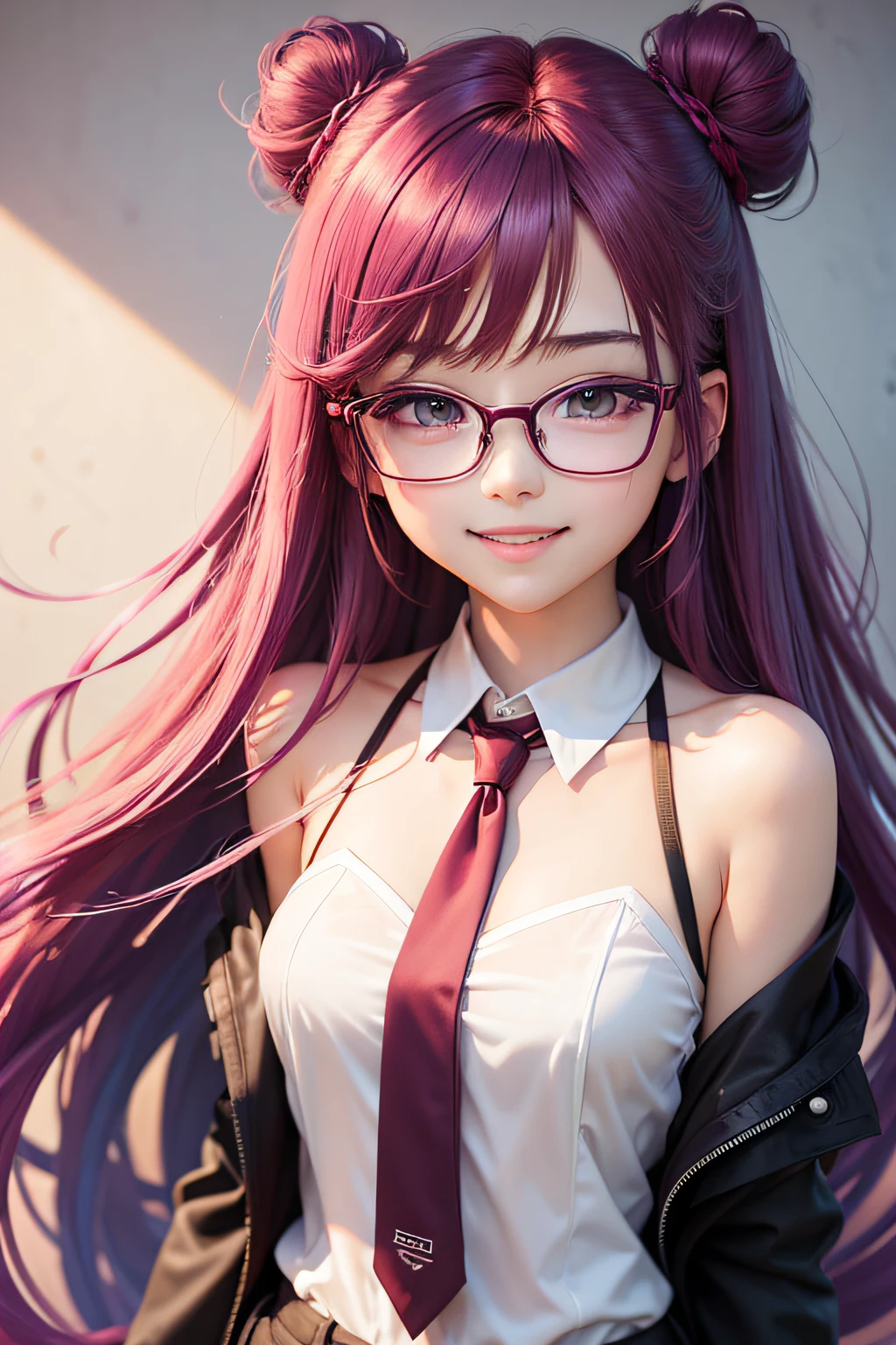 Standing Fashion Model Perfect Face Floating(Highly saturated)【Colorful Splash】colorfulbubble(shining)facefocus(hair adornments)、The upper part of the body、Beautiful shoulder-length hair、Polish、action_pose、Gradient Hair、bluish tone、glowy skin、Fine eye、Twin-tailed、illustratio、Delicate business suit、Undersized glasses without frames、portlate、neck tie、The upper part of the body、Twin-tailed, Face facing forward,frontal face、wall-paper、grin, Transparency, maroon hair