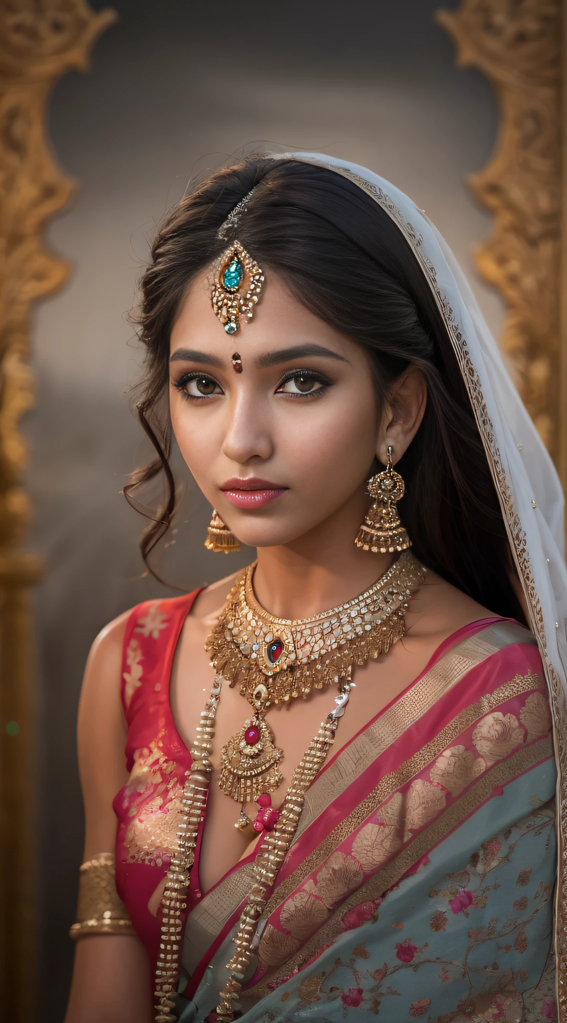 A woman in a sari poses for a photo, indian goddess, Traditional beauty, Indian, Beautiful goddess, Gorgeous Role Play, indian style, indian super model, beautiful teenage girl, Gorgeous woman, south east asian with long, provocative indian, gorgeous beautiful woman, intricate outfits, hindu aesthetic, Beautiful Asian girl, extremely detailed goddess shot, Jaw-dropping beauty, Look at the camera with your face,(Wrap the chest),(The entire chest does not leak),