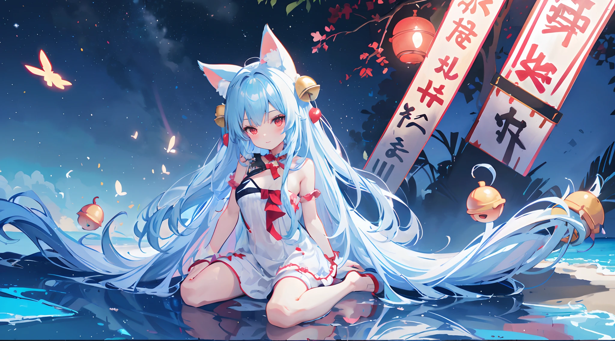 1 girl，Solo, Full of details,  A half body，Solo dance，, Long blue hair, White cat ears, red inside cat ears, a huge red bow from neck to chest, blue pea eyebrows, strapless suspenders, Red eyes, Flat chest, Loli , with very large round yellow bells hanging under each ear，(There are bells under the ears:1.3)，Best quality at best，Complicated details，A high resolution，，，ssmile，having fun，8K，Sitting by the sea，Colorful starry sky，starrysky，beachside