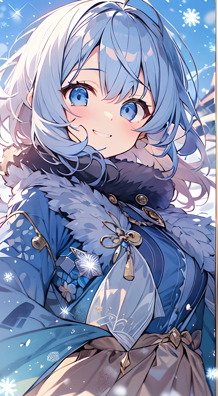 masutepiece, Best Quality,Illustration, Wallpaper, ultra -detail, Absurd beauty, 1beautiful girl、Bright hair color、Glitter and big eyes、Hair fluttering in the wind、ample breasts、♡、Smaller head、Winter scene、miscievous smile、bustup