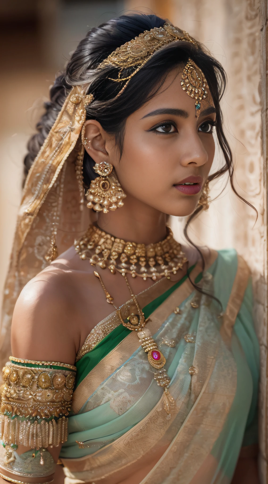A woman in a sari poses for a photo, indian goddess, Traditional beauty, Indian, Beautiful goddess, Gorgeous Role Play, indian style, indian super model, beautiful age girl, Gorgeous woman, south east asian with long, provocative indian, gorgeous beautiful woman, intricate outfits, hindu aesthetic, Beautiful Asian girl, extremely detailed goddess shot, Jaw-dropping beauty, Look at the camera with your face,(Wrap the chest),(The entire chest does not leak),