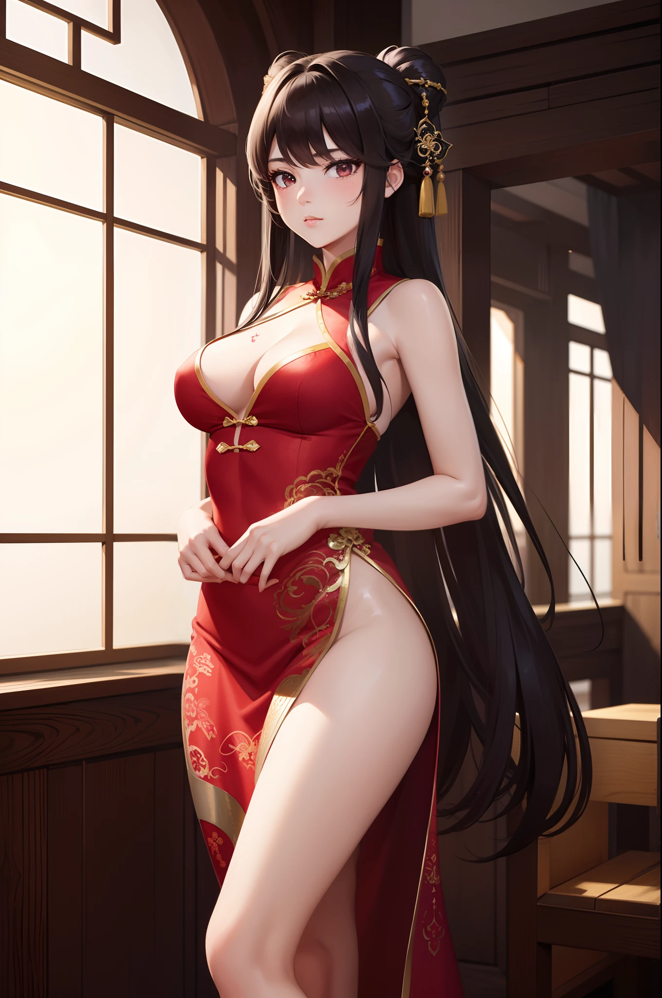 Best quality, Masterpiece, A high resolution, Wuxia 1girl, Red Chinese dress, Super beautiful face, Super beautiful black eyes, Super nice brunette hair, Sexy body shape, No underwear, Bitch tattoo, Creampie