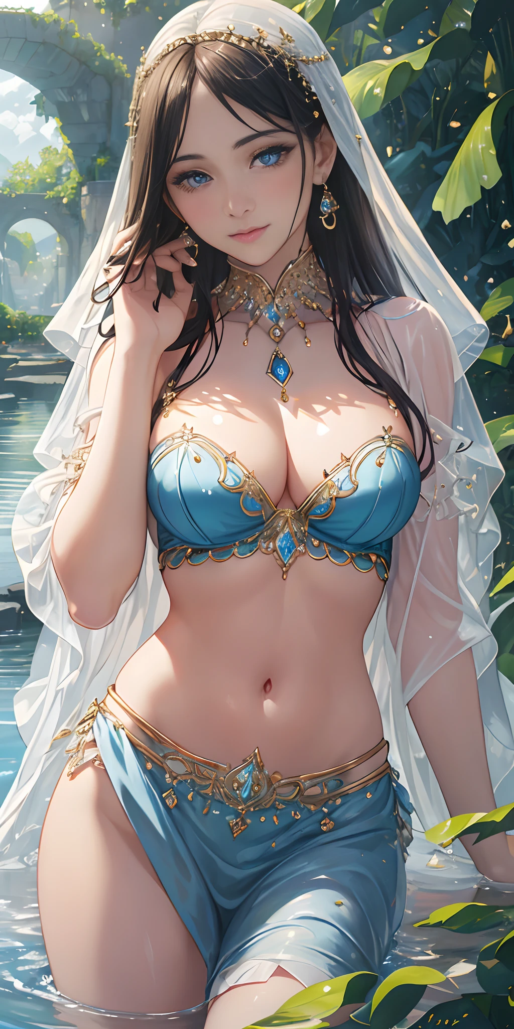 Waterland, (photorealistic:1.4), (masterpiece, front lighting, finely detailed beautiful eyes: 1.2), masterpiece*portrait, realistic, 3d face, glowing eyes, shiny hair, lustrous skin, solo, embarrassed, (midriff), absolute_cleavage, necklace, sapphire_earrings