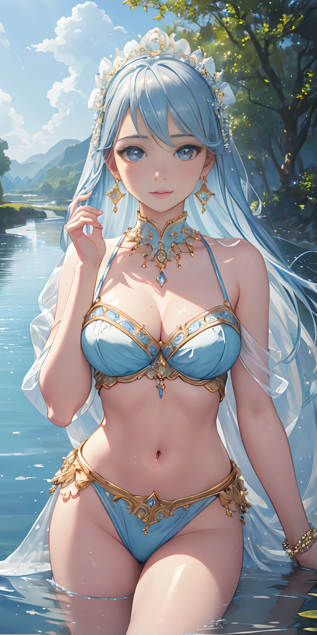 Waterland, (photorealistic:1.4), (masterpiece, front lighting, finely detailed beautiful eyes: 1.2), masterpiece*portrait, realistic, 3d face, glowing eyes, shiny hair, lustrous skin, solo, embarrassed, (midriff), absolute_cleavage, necklace, sapphire_earrings