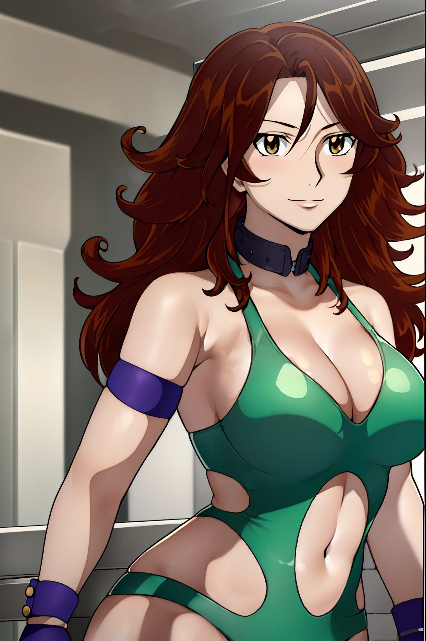 cowboy shot, ultra detailed face, 4k, Sumergai Lee Noriega, best quality, anime style, hires, highest definition, digital blending, bold drawing lines, ((weak body, female wrestler), (slender body), mature woman, (wrestling gear, collar band), victorious, gorgeous, winner, confident face, smile, (closed mouth), (pale skin, shiny skin, lighting and shadow), (cleavage), (clean face), (warming up), closed fists, (curly hair, long hair), 27 years old,