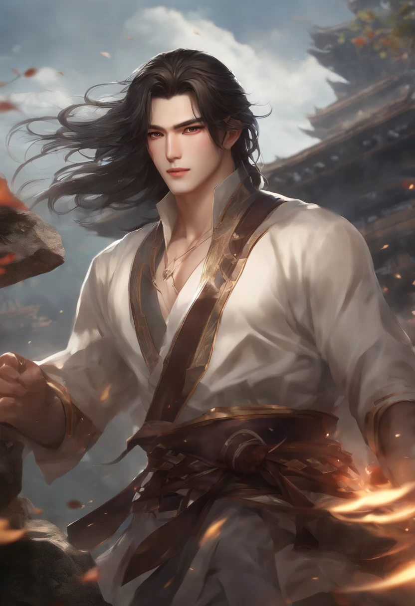 (Best Quality, 8K, Masterpiece :1.3), Handsome young man with a perfect figure and long hair :1.4, Zhong Li, Zhongli, Dark brown hair, inflated chest, Genshin Impact, On the ruins, In the hands of a spear, Very detailed face and skin, 詳細な目, 二重まぶた