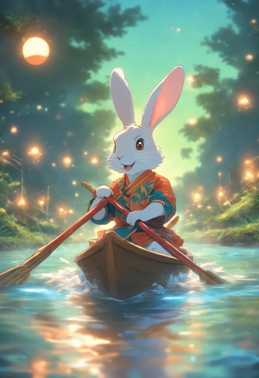 natta,themoon,Anthropomorphic rabbit rowing in the river