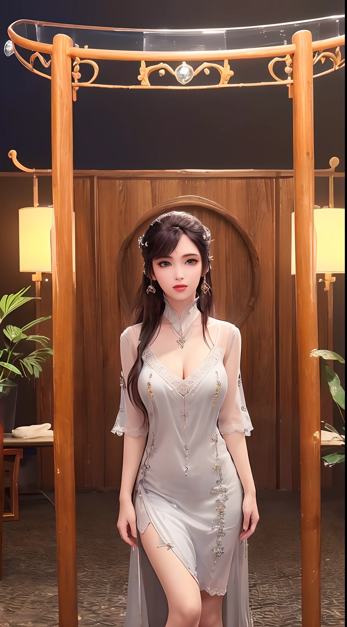 1 beautiful and sexy 20 year old girl, ((wearing a transparent silver nightgown with sexy white lace trim:1.7)), (((Transparent nightgown can see each part of the sexy girl's body:1.7))), ((a dress with diamonds:1.7)), ((long black hair:1.6)), jewelry elaborately made from precious stones and beautiful hair, the noble, noble style of an extremely beautiful girl, her small face is super cute, her face is very pretty, thin eyebrows, flawless beautiful face, ((black eye pupils: 0.8)), very beautiful eyes, ((silver eyes: 1.6)), (((big round eyes:1.6))), nice makeup and hair detailed eyelashes, steamy eye makeup, high nose, earrings, red lips, ((closed mouth: 1.5)) beautiful lips, slim hands, most beautiful thighs, ((arms spread out to the sides: 1.5)), rosy face, clean face, flawless beautiful face, smooth white skin, (big breasts: 1.5)), ((high breasts: 1.6)), tight breasts, beautiful cleavage, (((big breasts and super round: 1.8))), ((super tight breasts: 1.7)) , beautiful breasts, perfect body, back arms, chest out, ((sitting position with chest up and arms behind: 1.6)), ((open your legs:1.2)), don't be shy, 8k photo, super high quality, super realistic, super 10x pixels, optical, bright studio, bright edges, dual-tone lighting, (high-detail skin:1.2), super 8k, soft lighting, high quality, volumetric lighting, photorealistic, photorealistic high resolution, lighting, best photo, 4k, 8k quality, blur effect, smooth sharp, 10 x pixel, ((Beach at night and fireflies background:1.5)), aurora, lightning, super graphics realistic, most realistic graphics, 1 girl, alone, solo, Extremely sharp image, surreal, (((frontal portrait: 1.5)))."