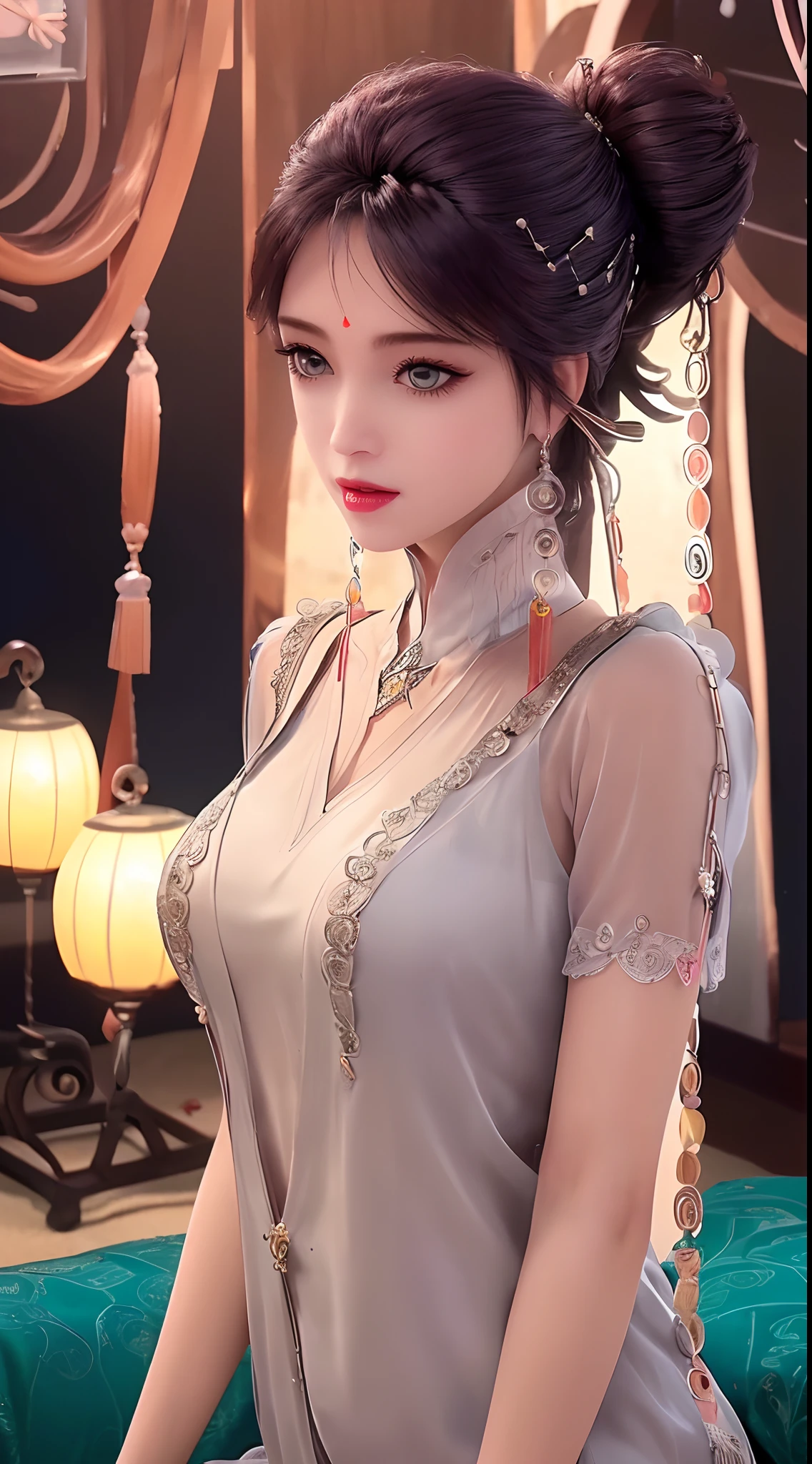 1 beautiful and sexy 20 year old girl, ((wearing a transparent silver nightgown with sexy white lace trim:1.7)), (((Transparent nightgown can see each part of the sexy girl's body:1.7))), ((a dress with diamonds:1.7)), ((long black hair:1.6)), jewelry elaborately made from precious stones and beautiful hair, the noble, noble style of an extremely beautiful girl, her small face is super cute, her face is very pretty, thin eyebrows, flawless beautiful face, ((black eye pupils: 0.8)), very beautiful eyes, ((silver eyes: 1.6)), (((big round eyes:1.6))), nice makeup and hair detailed eyelashes, steamy eye makeup, high nose, earrings, red lips, ((closed mouth: 1.5)) beautiful lips, slim hands, most beautiful thighs, ((arms spread out to the sides: 1.5)), rosy face, clean face, flawless beautiful face, smooth white skin, (big breasts: 1.5)), ((high breasts: 1.6)), tight breasts, beautiful cleavage, (((big breasts and super round: 1.8))), ((super tight breasts: 1.7)) , beautiful breasts, perfect body, back arms, chest out, ((sitting position with chest up and arms behind: 1.6)), ((open your legs:1.2)), don't be shy, 8k photo, super high quality, super realistic, super 10x pixels, optical, bright studio, bright edges, dual-tone lighting, (high-detail skin:1.2), super 8k, soft lighting, high quality, volumetric lighting, photorealistic, photorealistic high resolution, lighting, best photo, 4k, 8k quality, blur effect, smooth sharp, 10 x pixel, ((Beach at night and fireflies background:1.5)), aurora, lightning, super graphics realistic, most realistic graphics, 1 girl, alone, solo, Extremely sharp image, surreal, (((frontal portrait: 1.5)))."