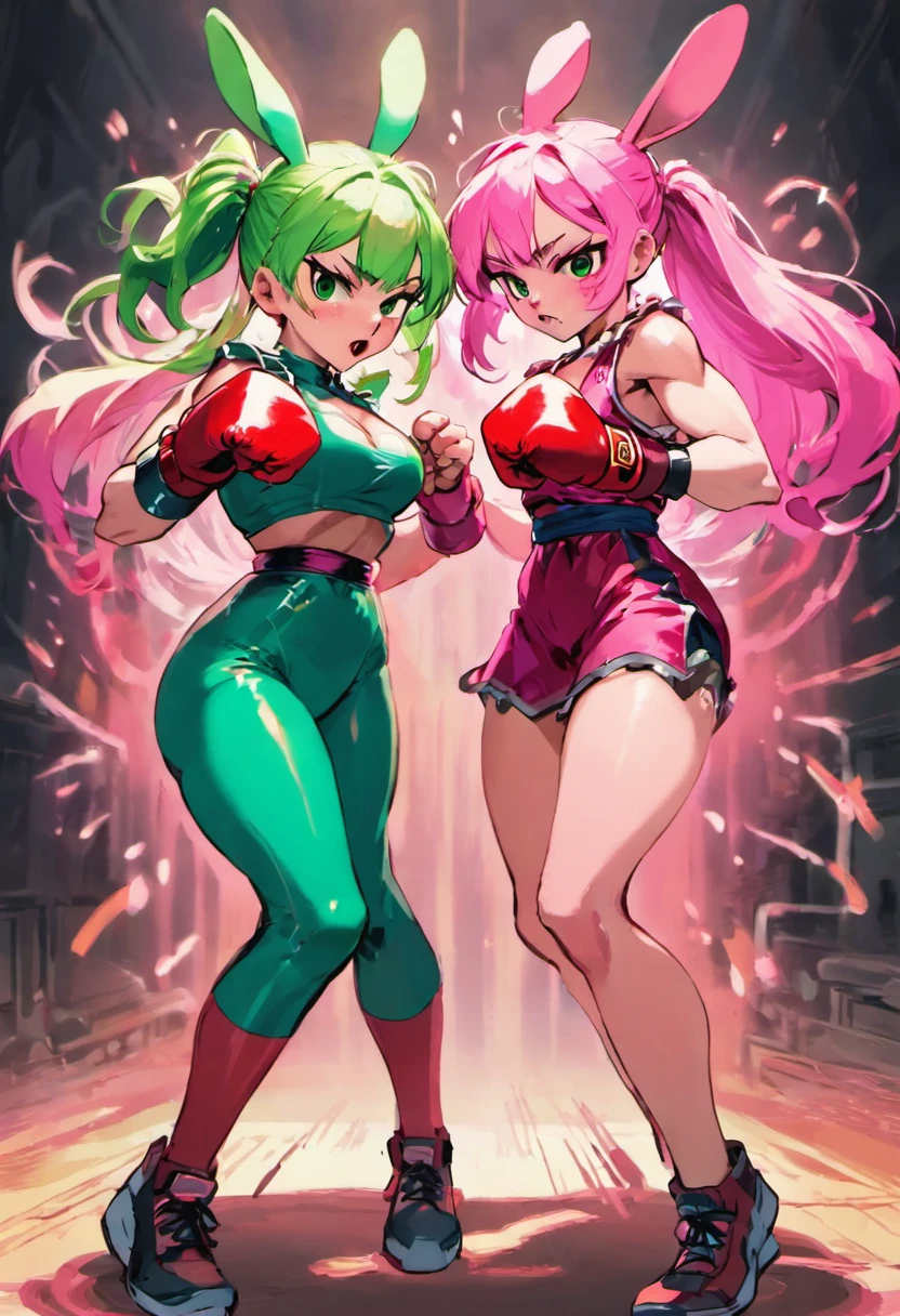 Pink rabbit girl and green hair girl,(Fighting stance,Face punch),Face to face,angry,Facing each other,Street Fighter 2、Cross Counter Rocky 2