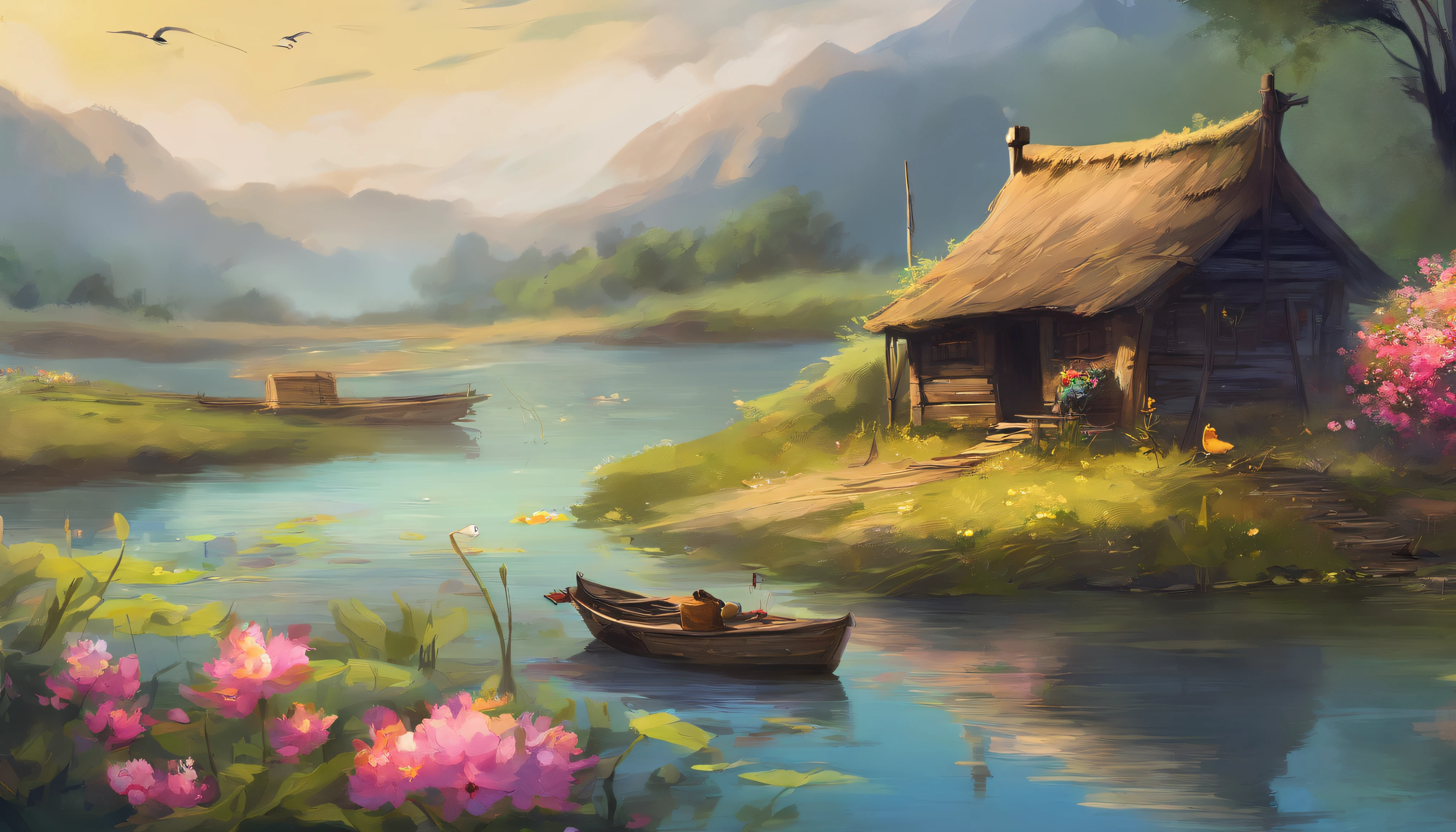 There are a old hut beside the river, a fishing boat near hut over the water, ducklings are swimming near the boat, flowers are blooming beside the hut, an old man smoke and sitting in front of the hut.