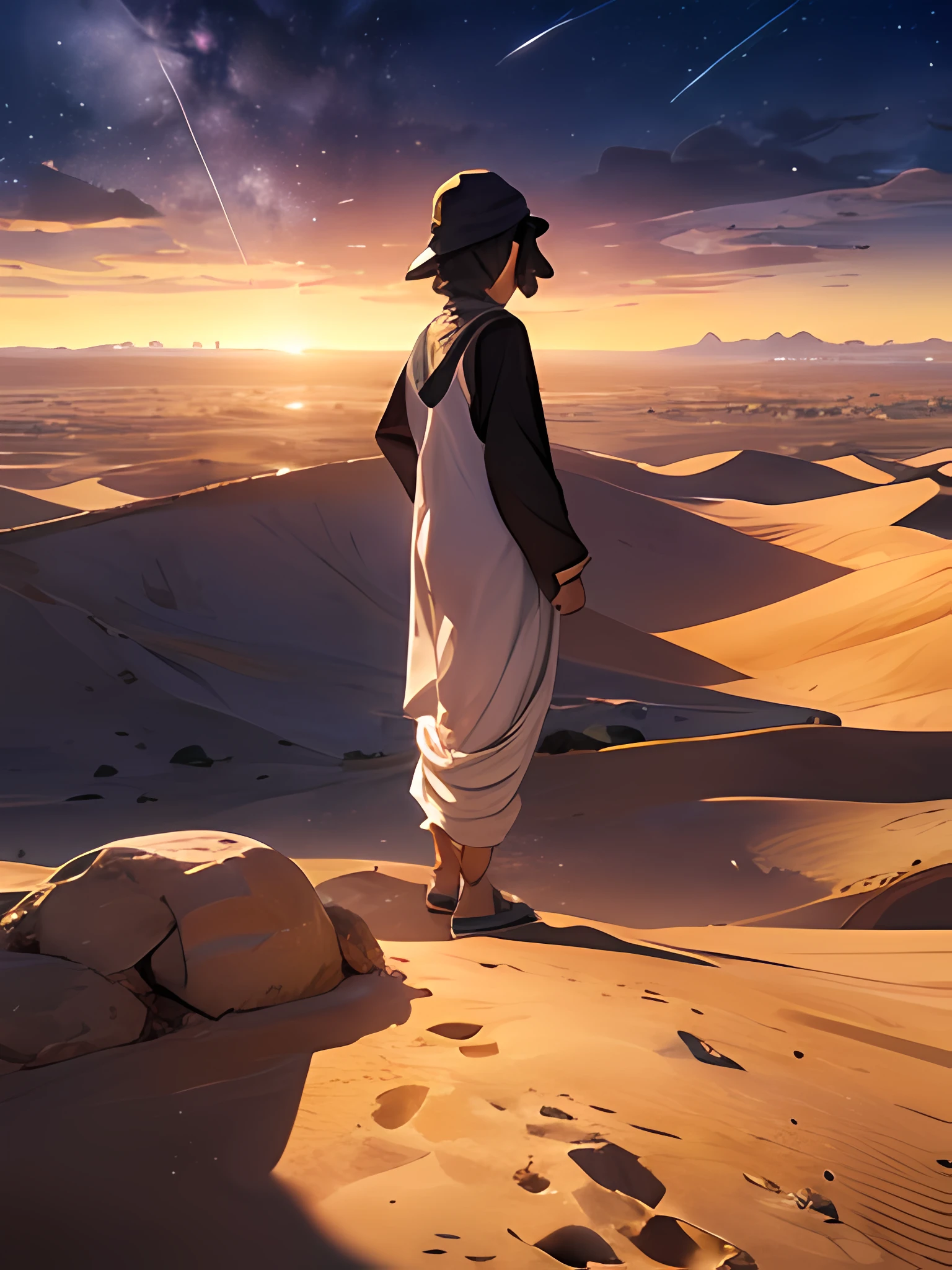 desert, shooting star, landscape, arabic man, thobe, head cover, facing the horizon, facing the background, sunrise on the center picture, only one