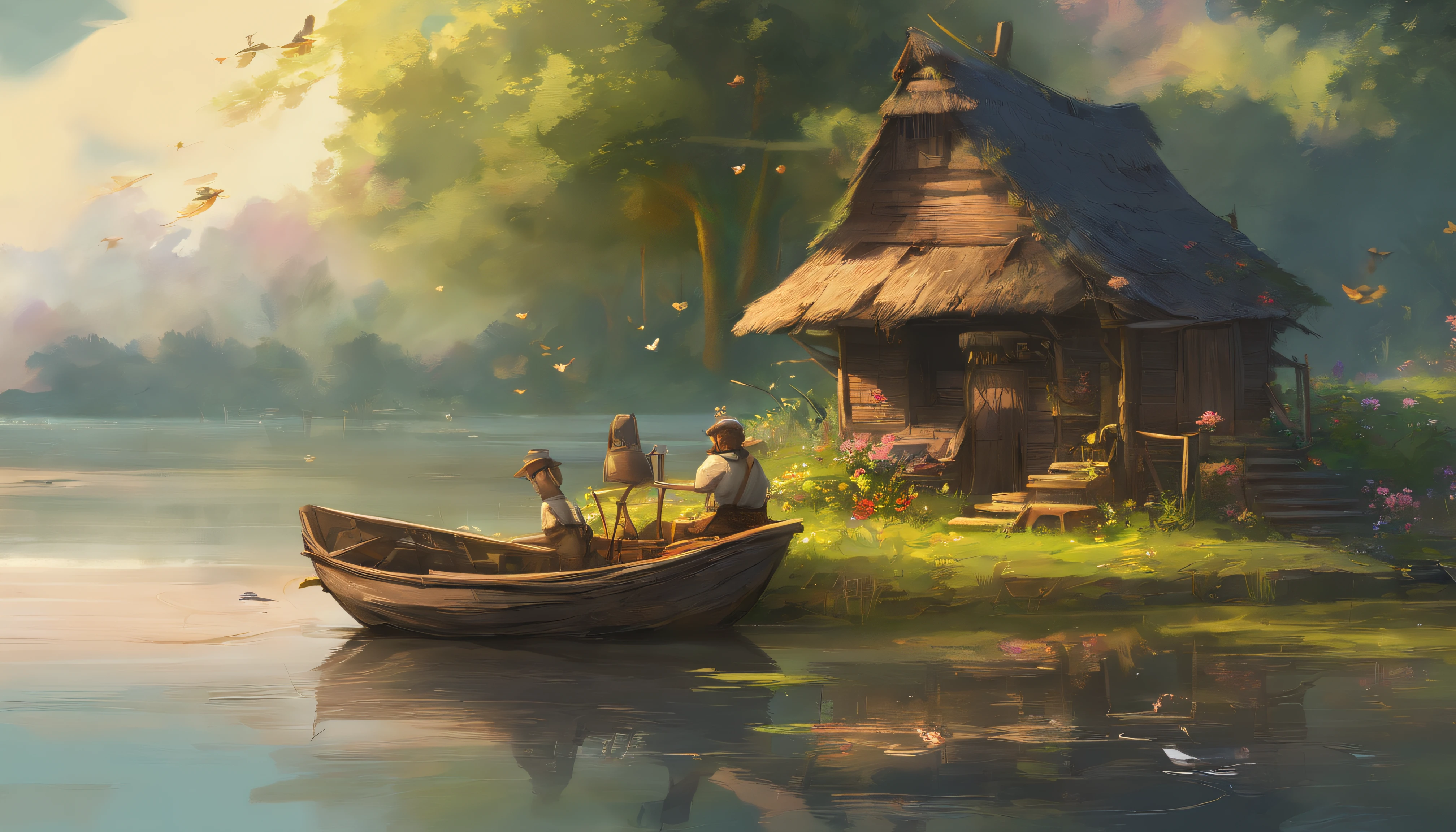 There are a old hut beside the river, a fishing boat near hut over the water, ducklings are swimming near the boat, flowers are blooming beside the hut, an old man smoke and sitting in front of the hut.